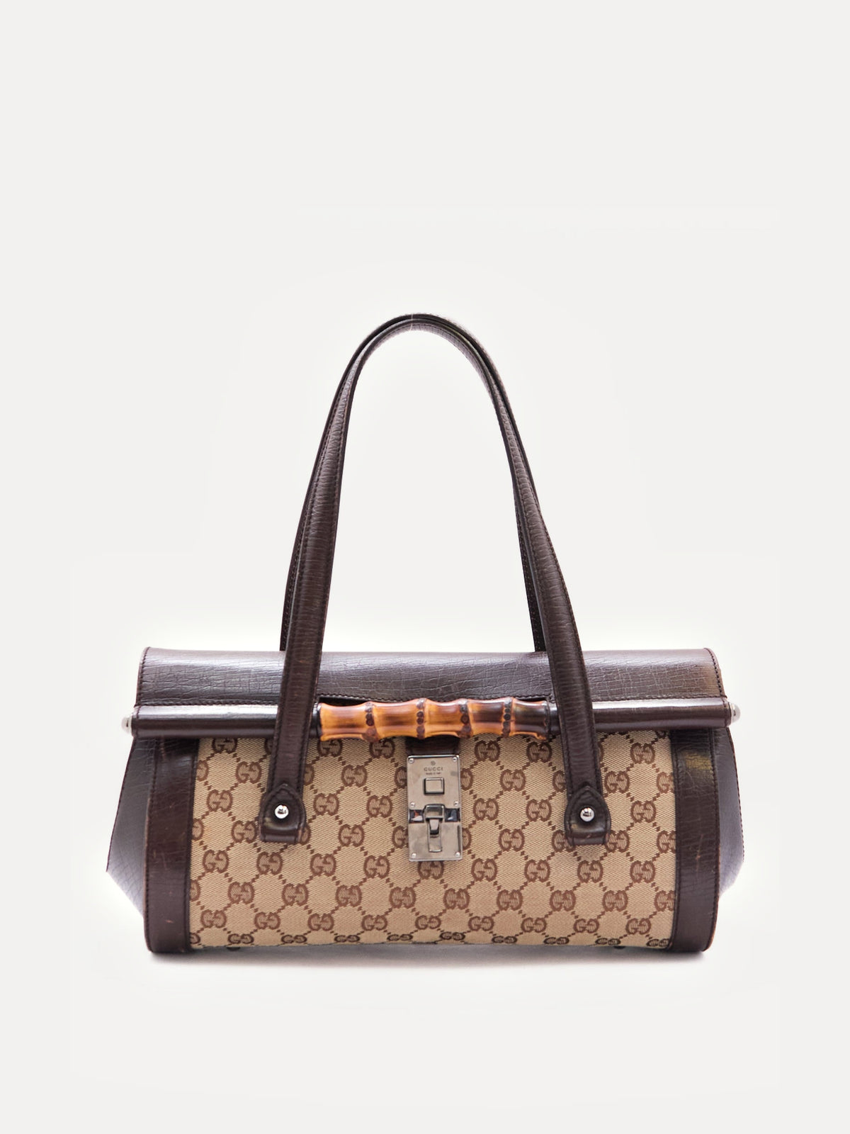 00's Gucci Bullet Bamboo Brown GG Canvas Handbag