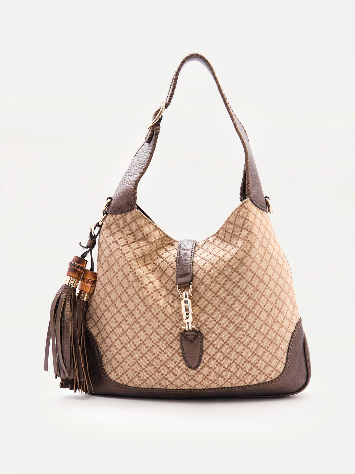 00's Gucci Jackie Beige GG Monogram Canvas Leather Shoulder Bag