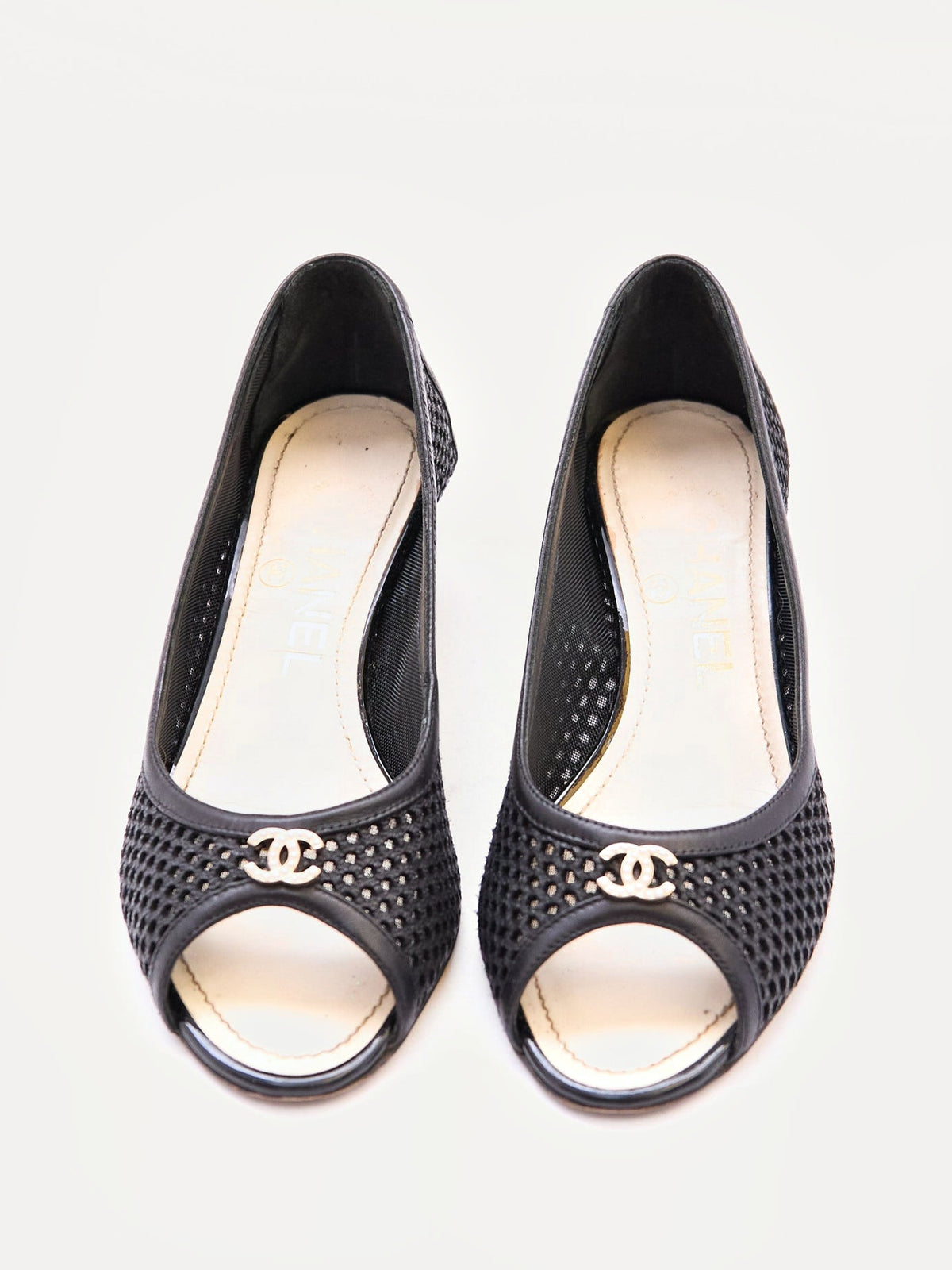 Chanel Black Mesh Peep Toe Kitten Heels Size 35.5