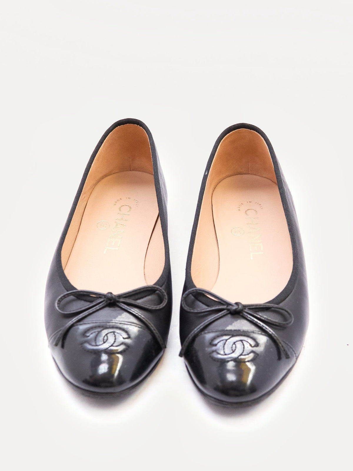 Chanel Black Leather Patent Toe Flats Size 36