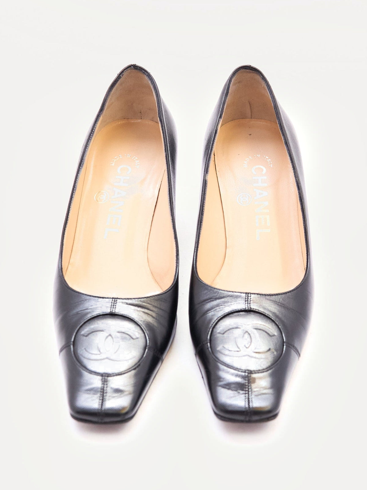 Chanel Black Lambskin CC Square Pumps Size 35