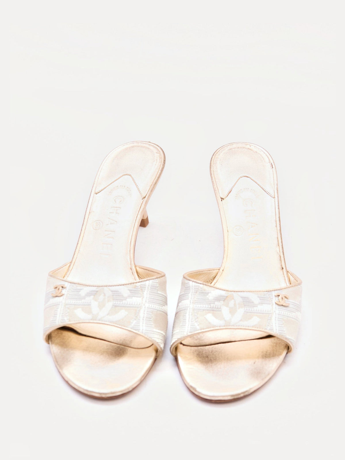 Chanel Gold Canvas Logo Heels Size 37