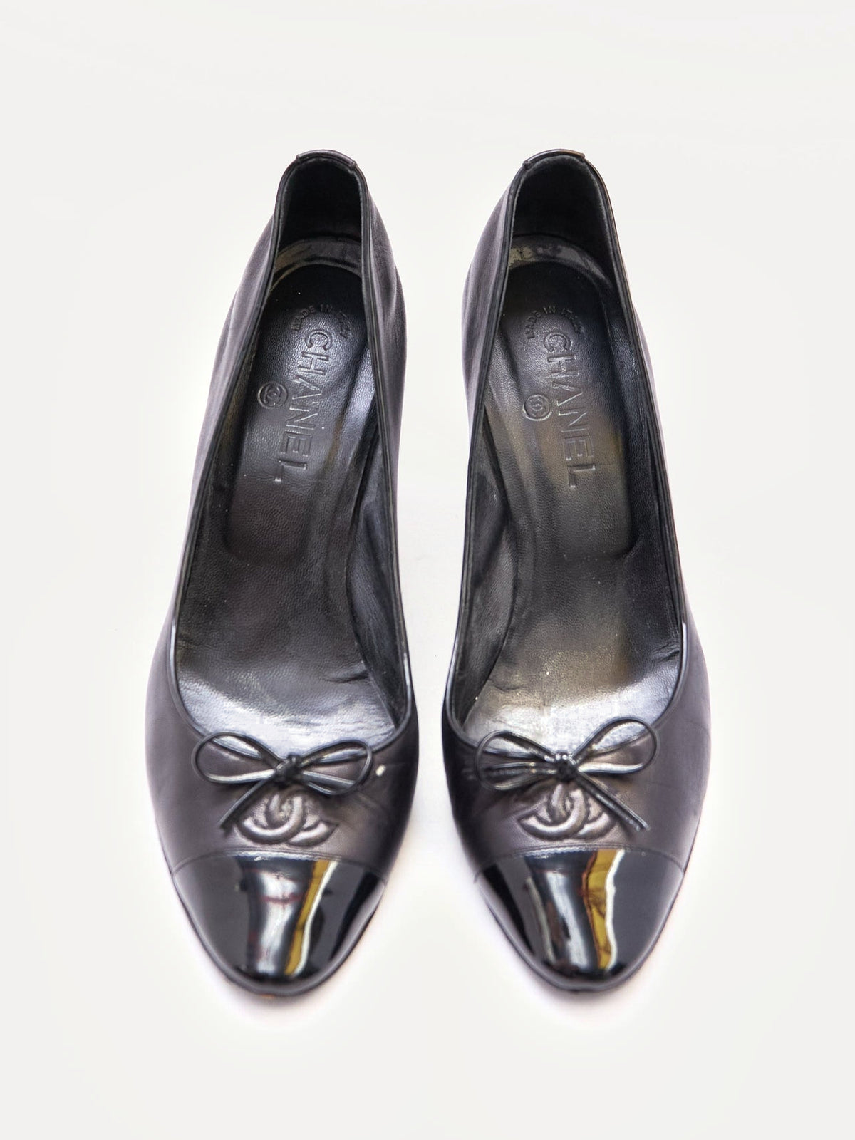 Chanel Black Leather Patent Toe Ballet Pumps Size 39.5