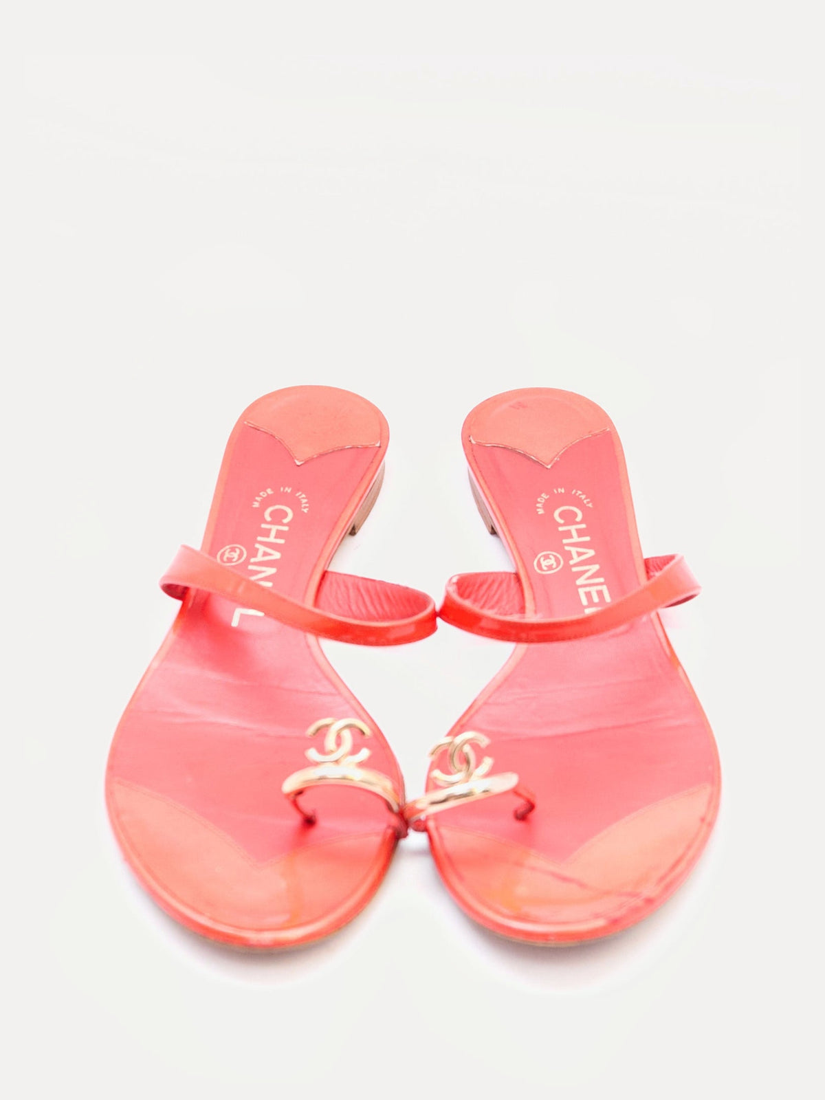 Chanel Orange Patent Toe Ring Logo Sandals Size 39.5