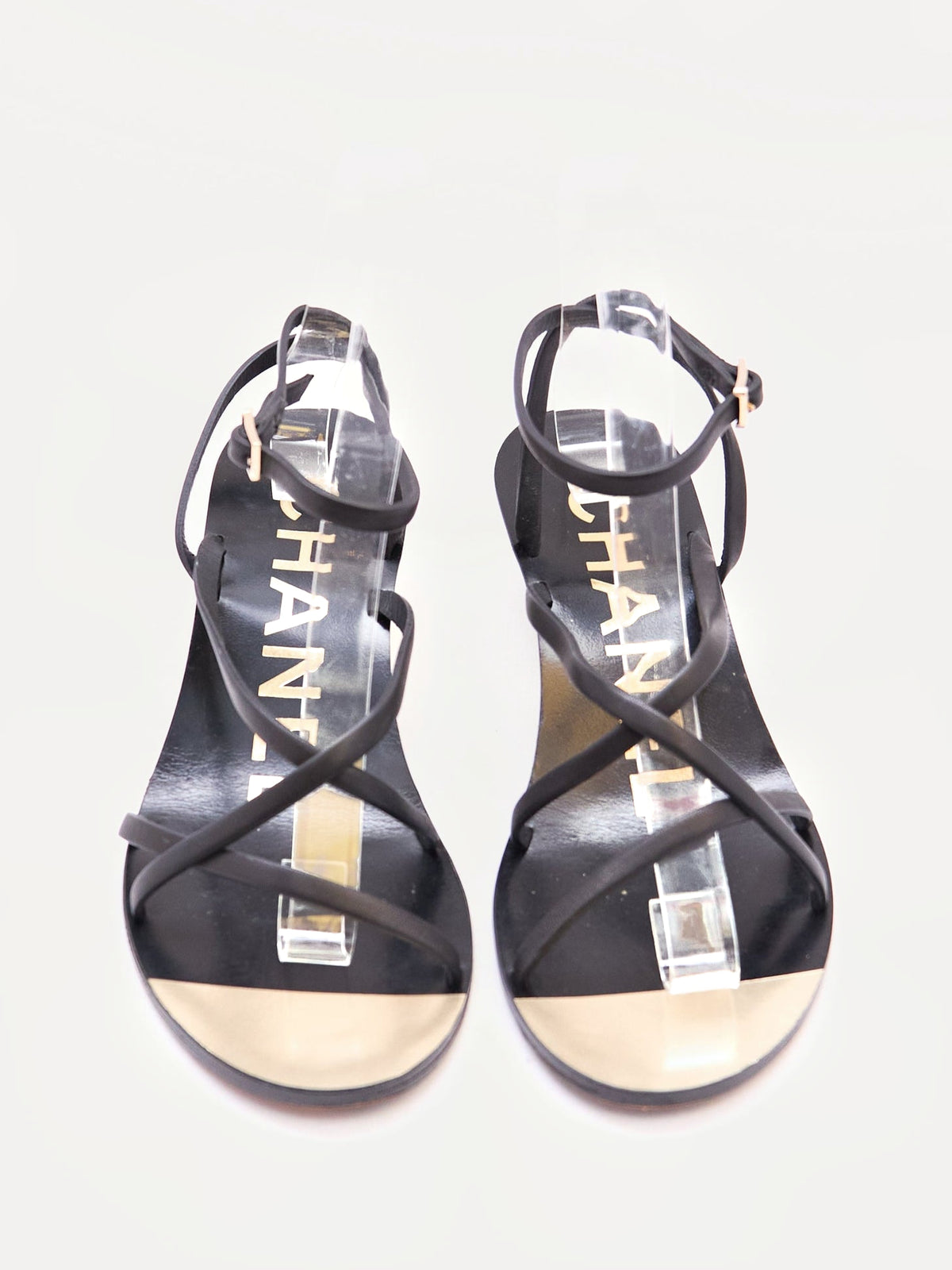 Chanel Black Strappy Wedge Sandals Size 36.5