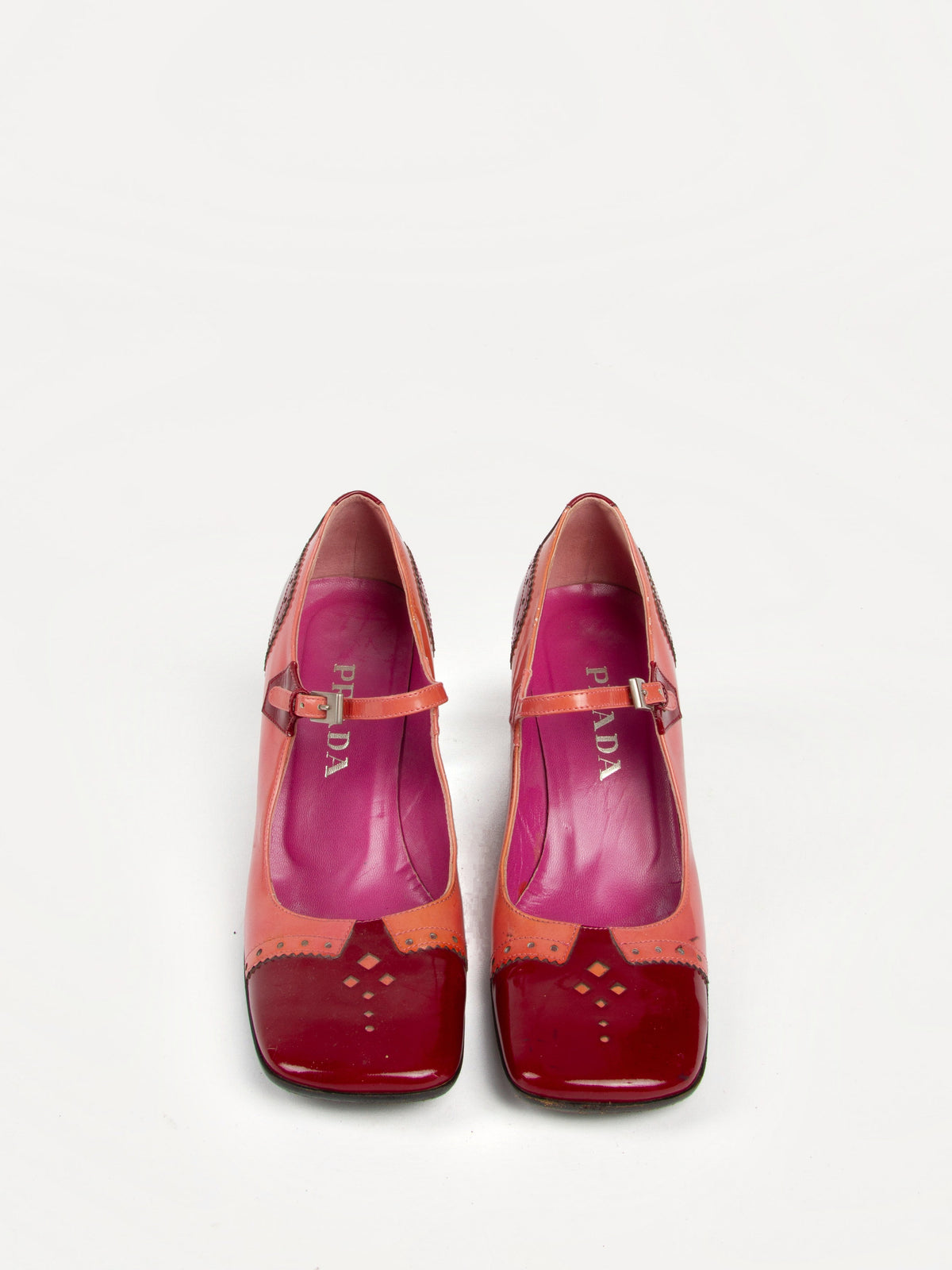 Vintage Prada FW 1999 Size 39 Pink and Red Patent Leather Mary Janes | Y2K Designer Heels Shoes