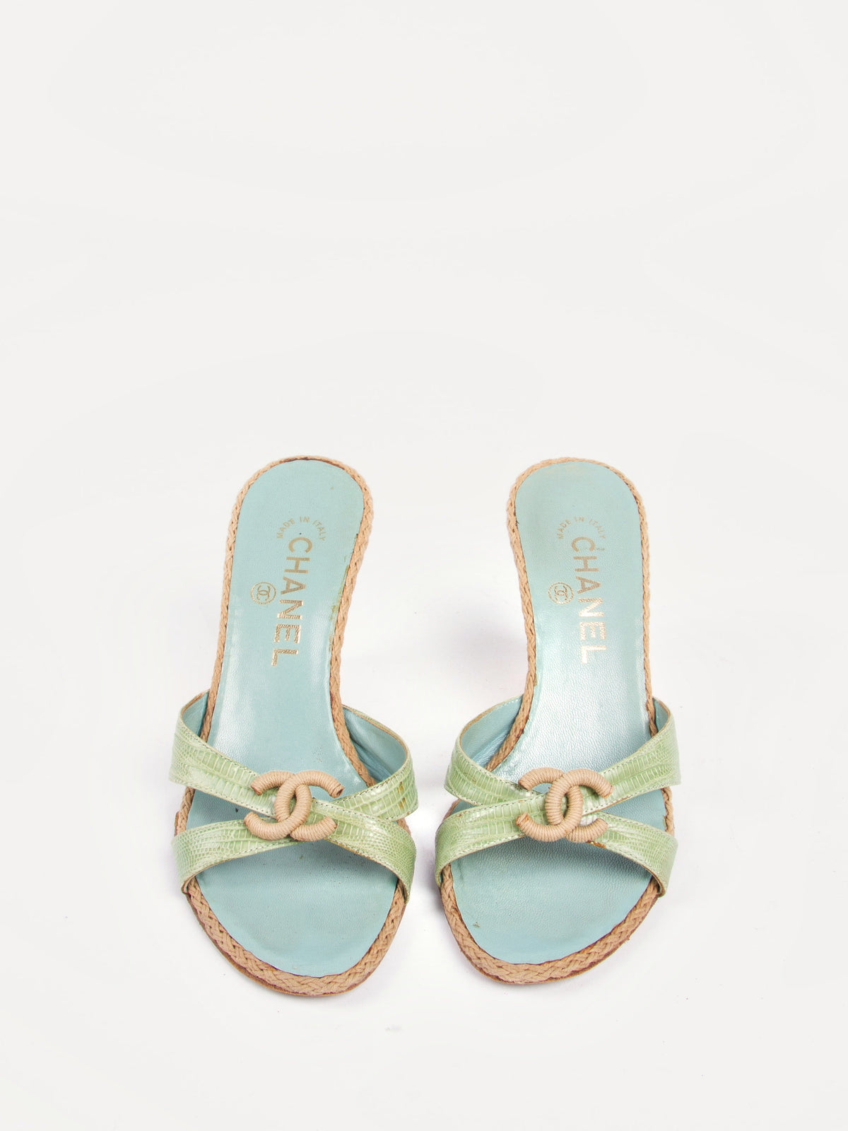 Vintage Chanel 2000s Size 36 Green Blue Espadrille Wedge | Y2K Designer Heels Shoes