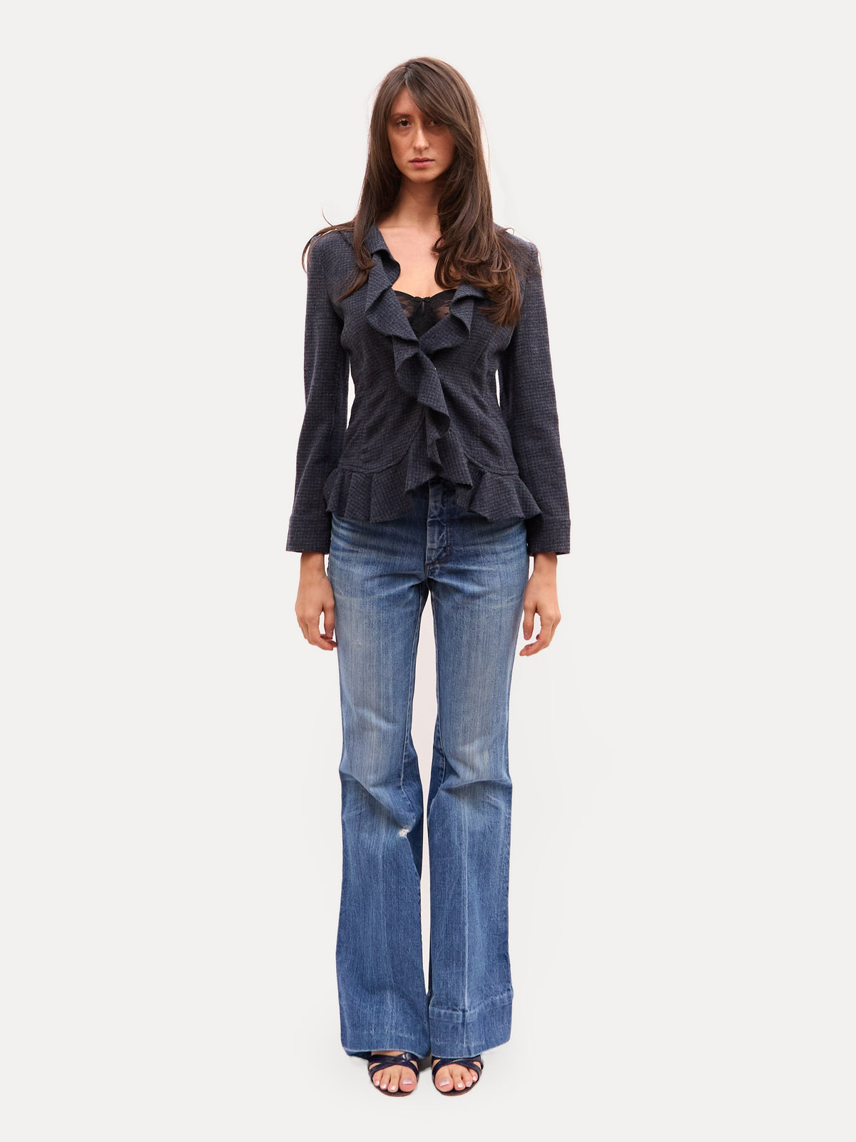 2000s Emporio Armani Navy Ruffle Blazer