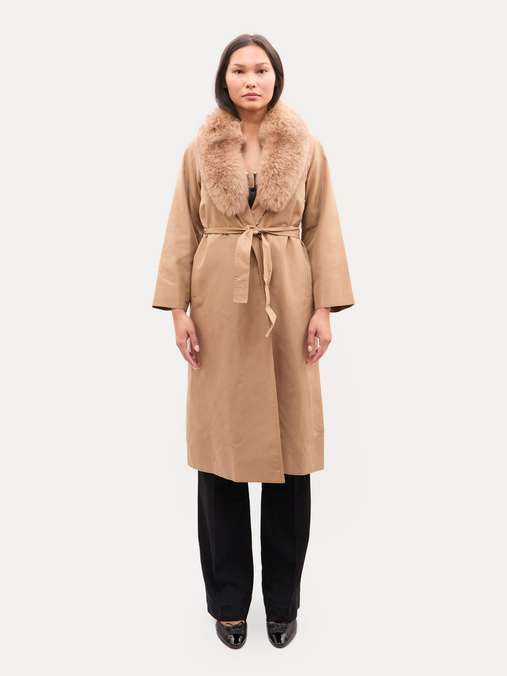 Vintage Tan Trench Coat with Fox Fur Collar
