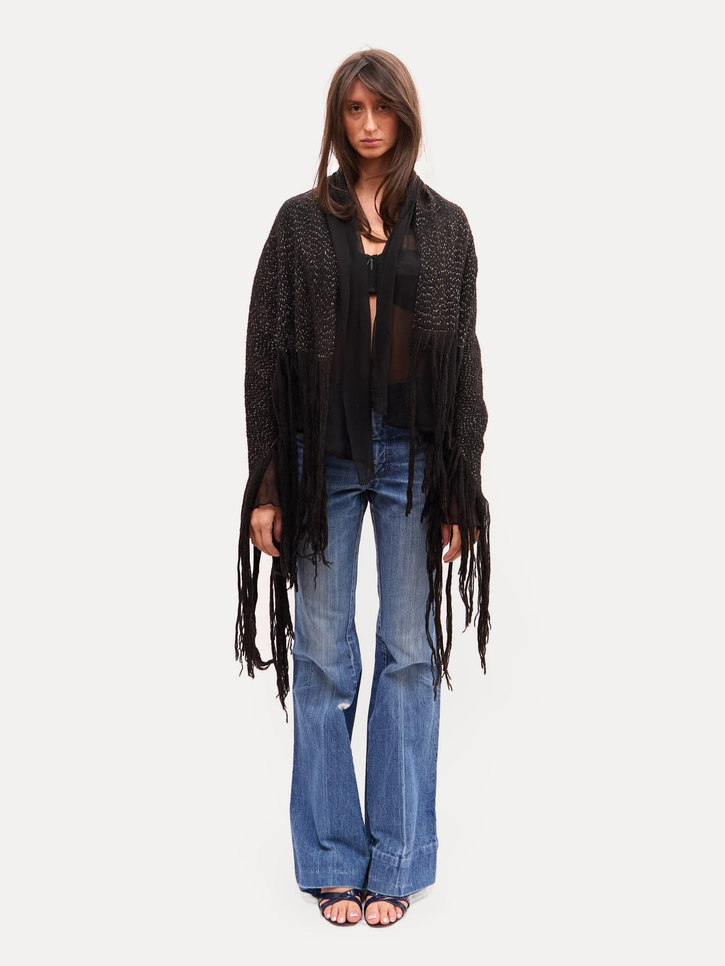 2000s Vintage Black Fringe Trim Crochet Knit Cardigan
