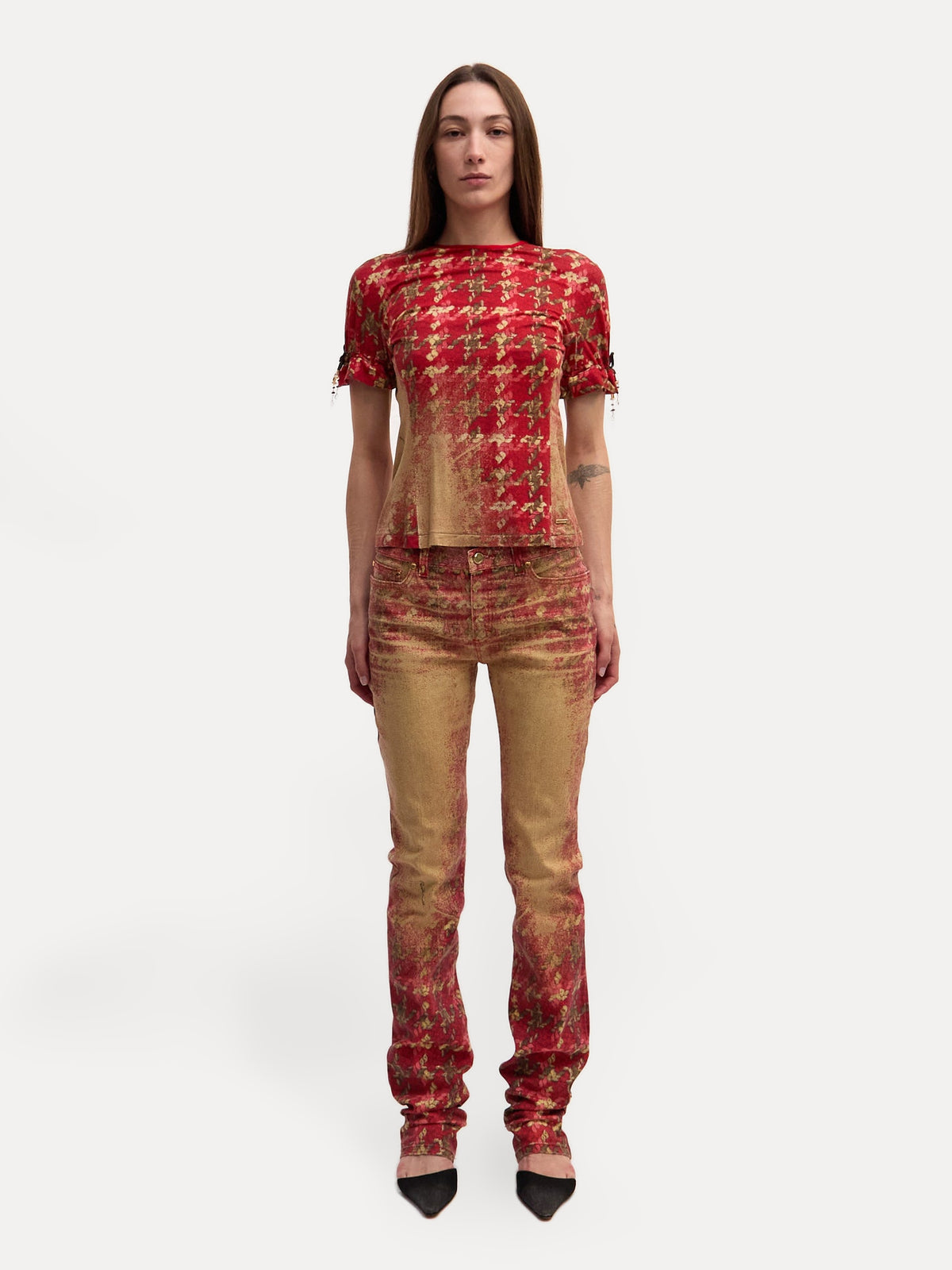 2002 Roberto Cavalli Red Plaid Runway Burnout Top