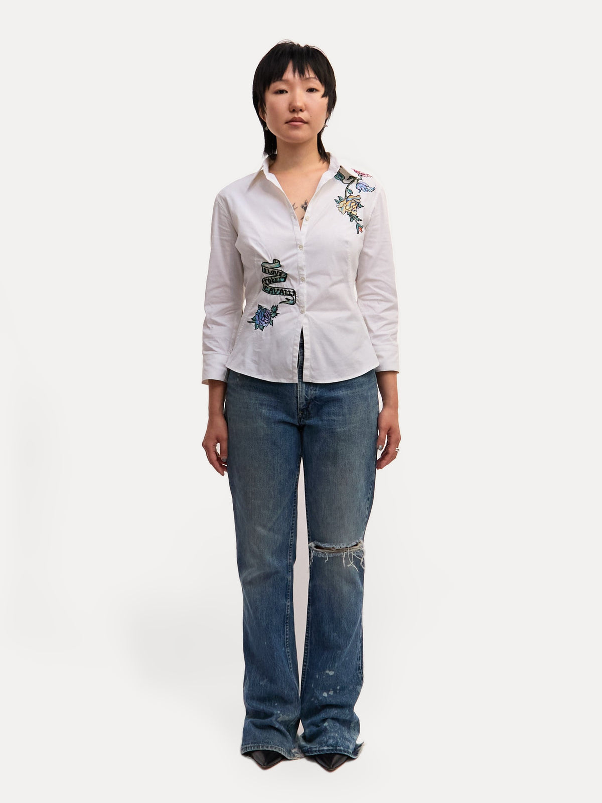 2003 Roberto Cavalli White Amour Embroidered Tattoo Print White Button Down