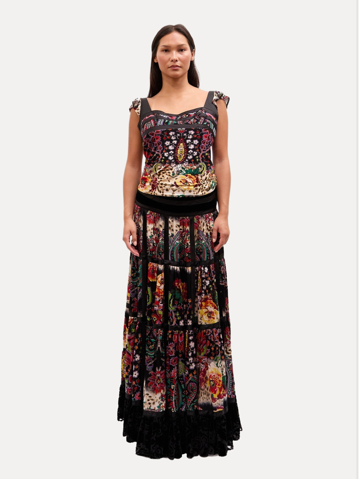 2000s Just Cavalli Multicolor Paisley And Leopard Print Black Velvet Ruffle Maxi Skirt Set