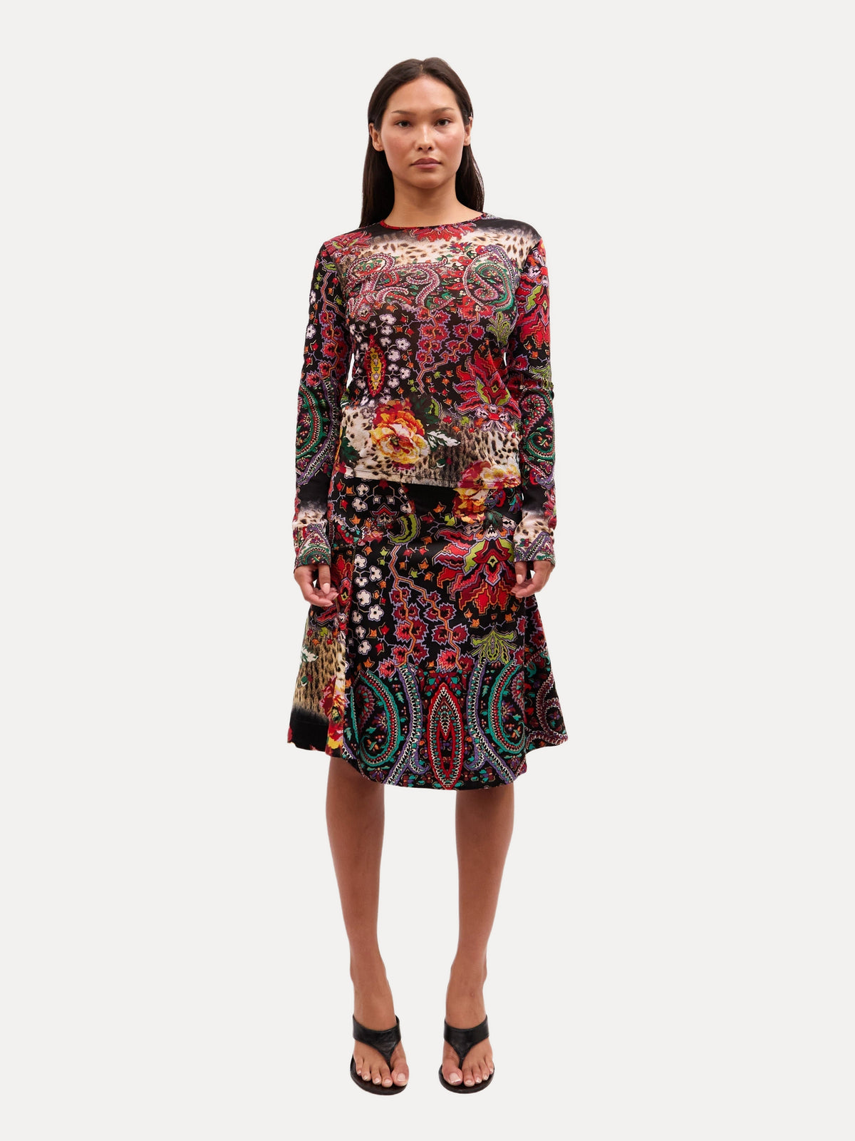 2000s Just Cavalli Multicolor Paisley Floral Patchwork Mesh Top and Mini Skirt Set