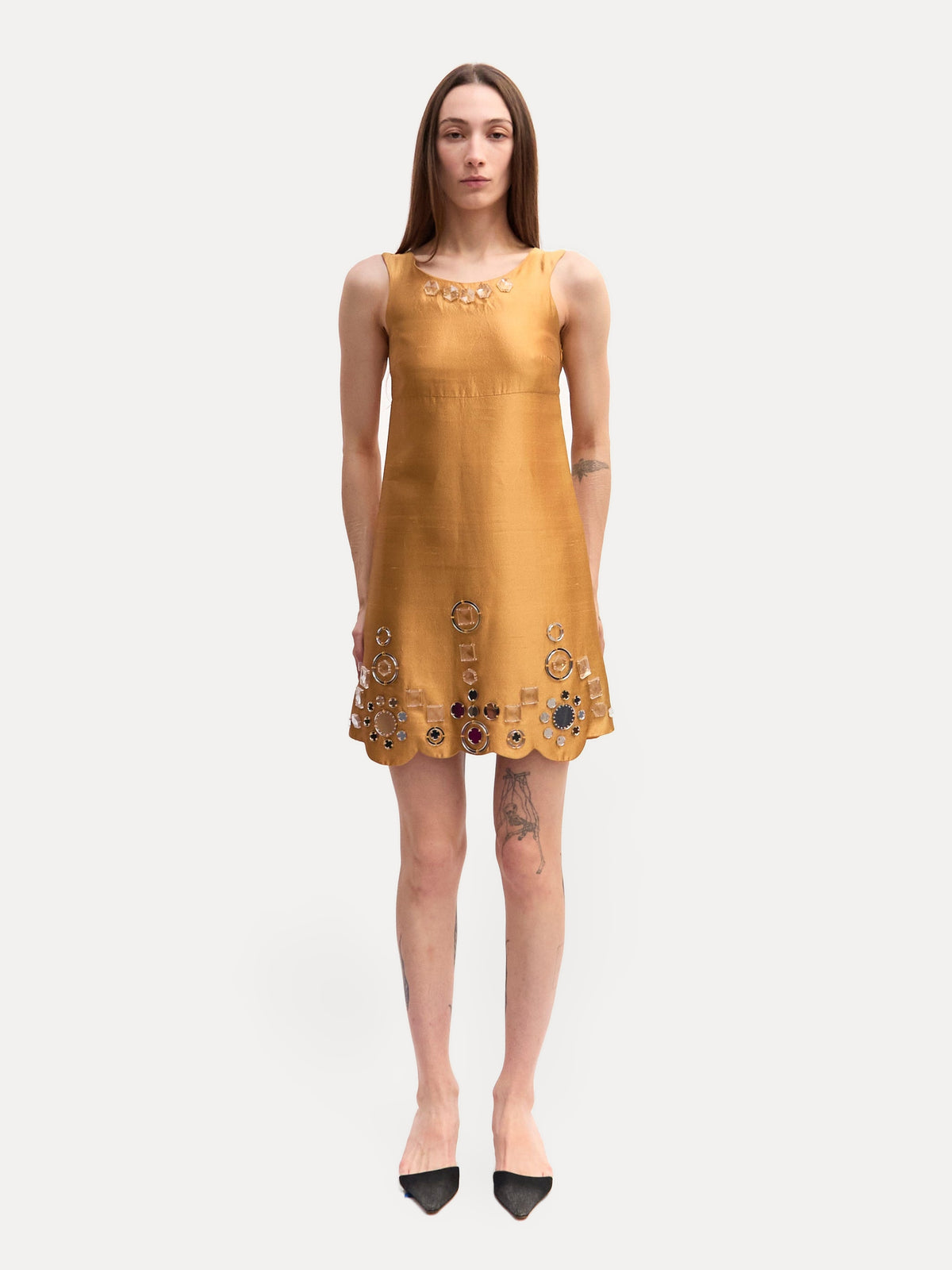Miu Miu Gold Silk Rhinestone Mini Dress