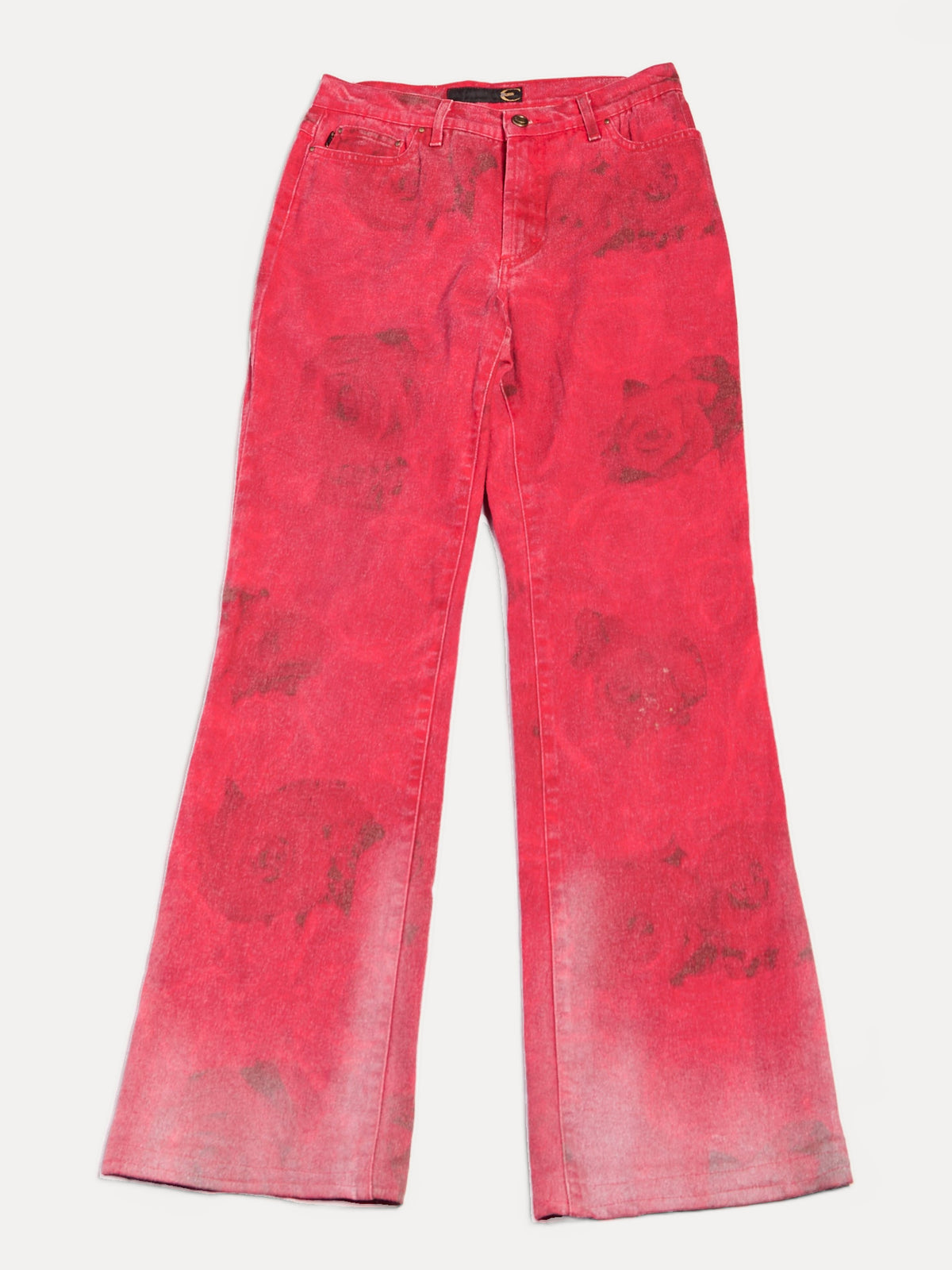 2000s Roberto Cavalli Crimson Red Denim with Black Rose Shadow Print Flare Jeans Size M W29