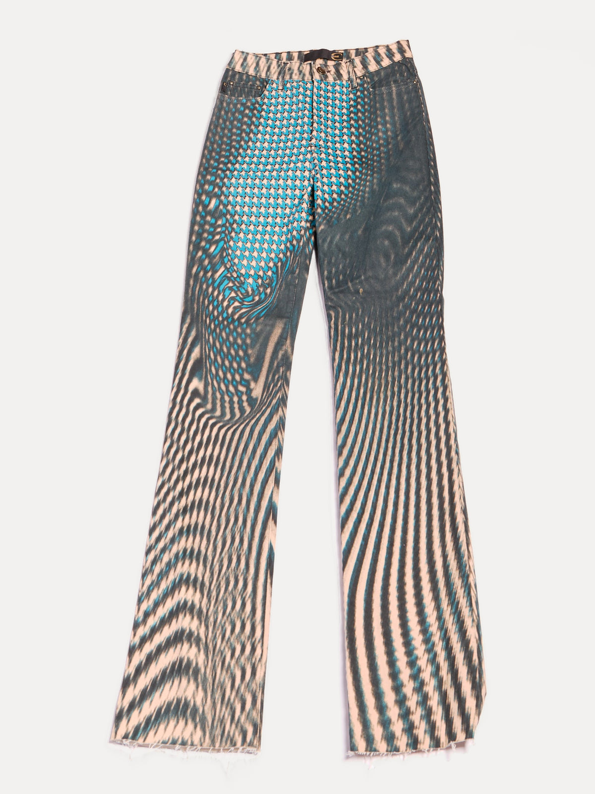 2000s Just Cavalli Black and Tan Optical Houndstooth Warp Print Flare Jeans Size S W26