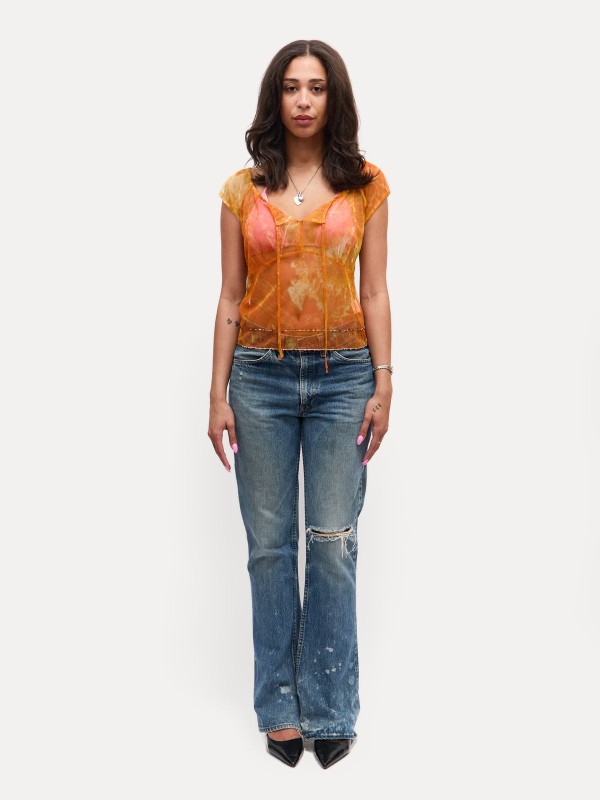 Cavalli Jeans Orange Mesh Beaded Top