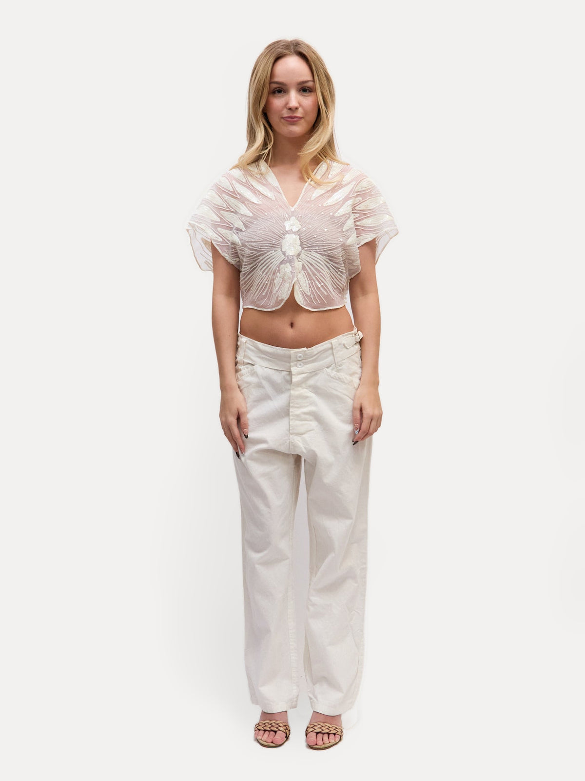 90's Vintage White Sheer Sequin Top