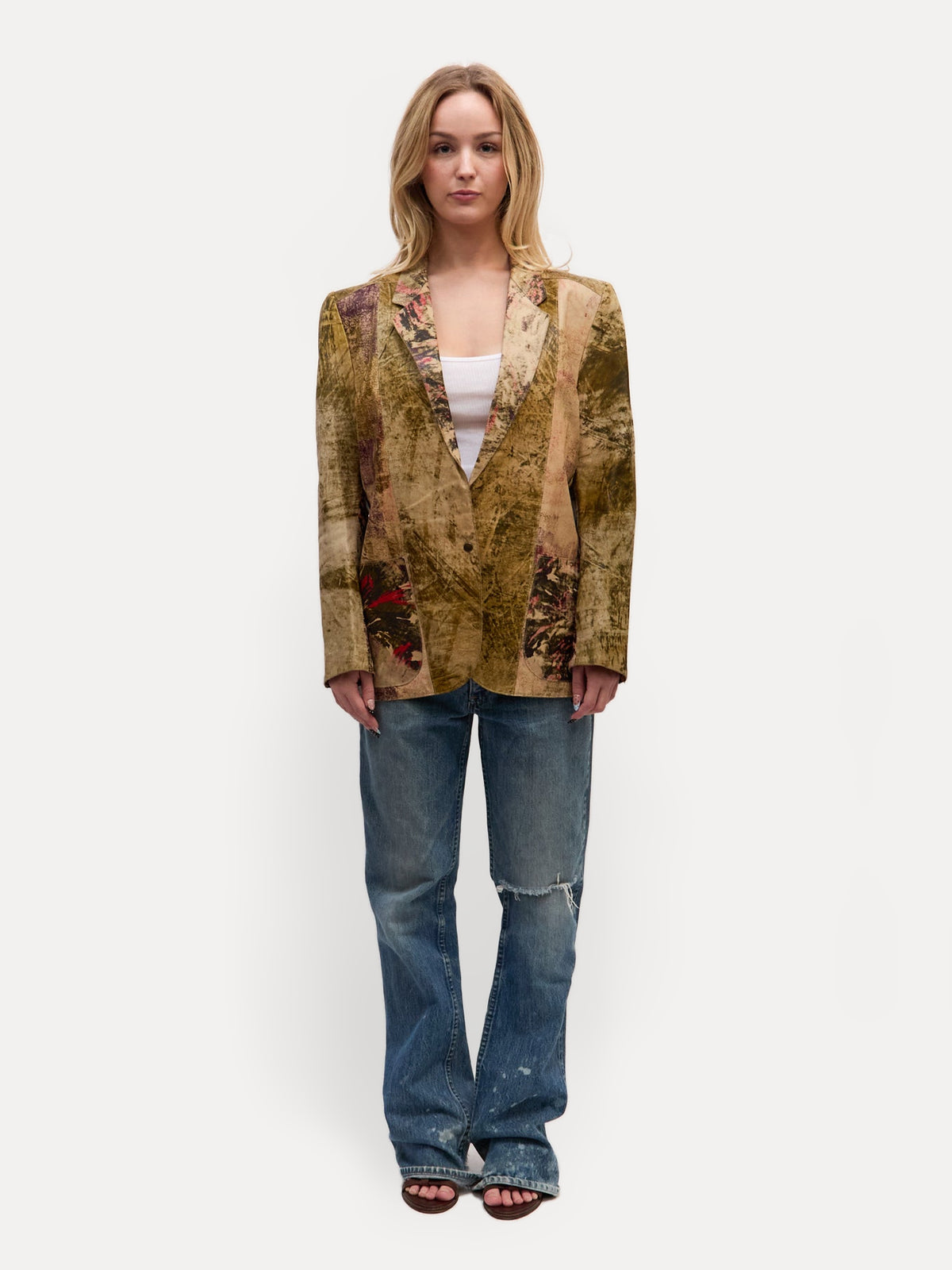 90's Roberto Cavalli Tan Painted Multicolor Patchwork Leather Blazer