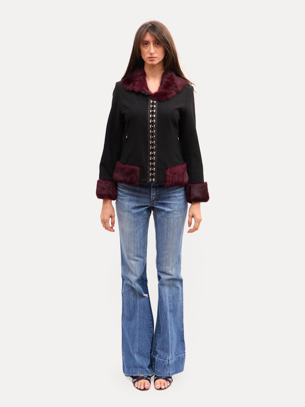 Max Mara Black Fur Trim Front Clasp Jacket