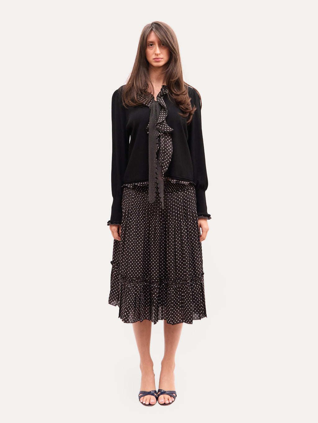 2000s Vintage Black Polka Dot Cardigan and Tiered Skirt Set