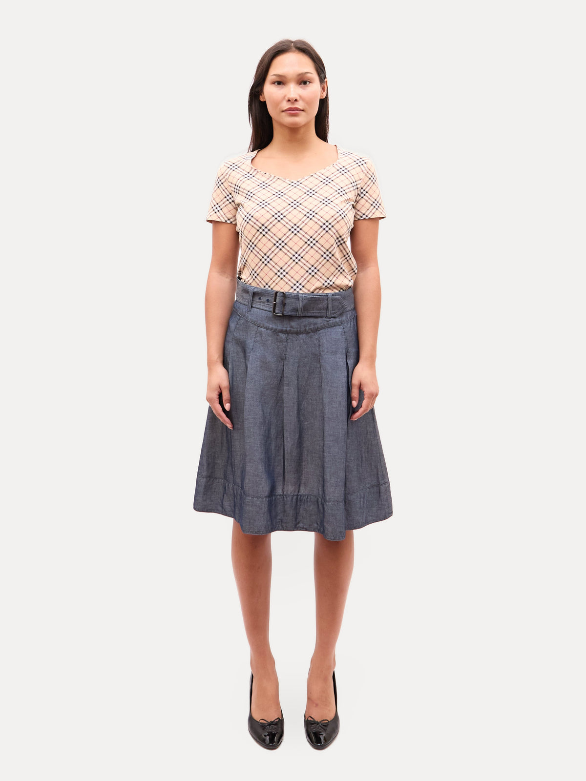 Burberry Blue Chambray Belted Midi Belted Skirt