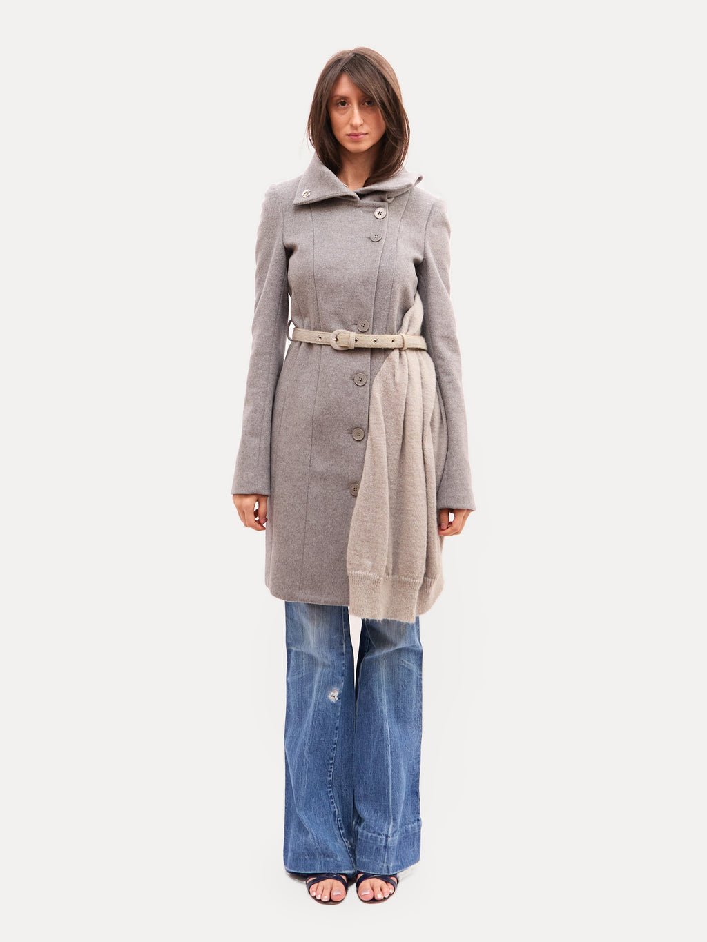 Patrizia Pepe Gray Belted Funnel Neck Wool Coat