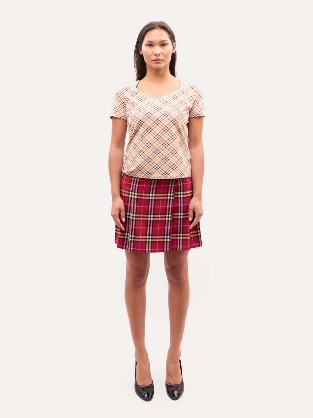 Burberry Tan Nova Check Square Neck Short Sleeve Top