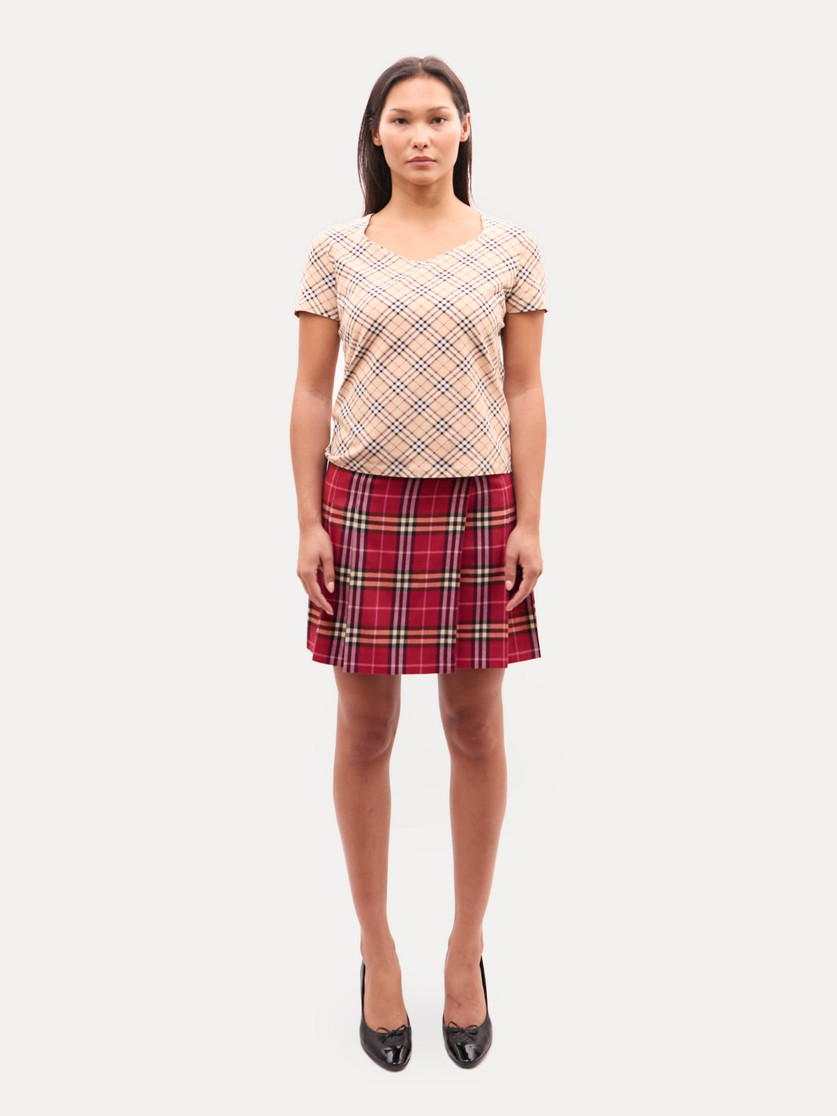 Burberry Tan Nova Check Square Neck Short Sleeve Top