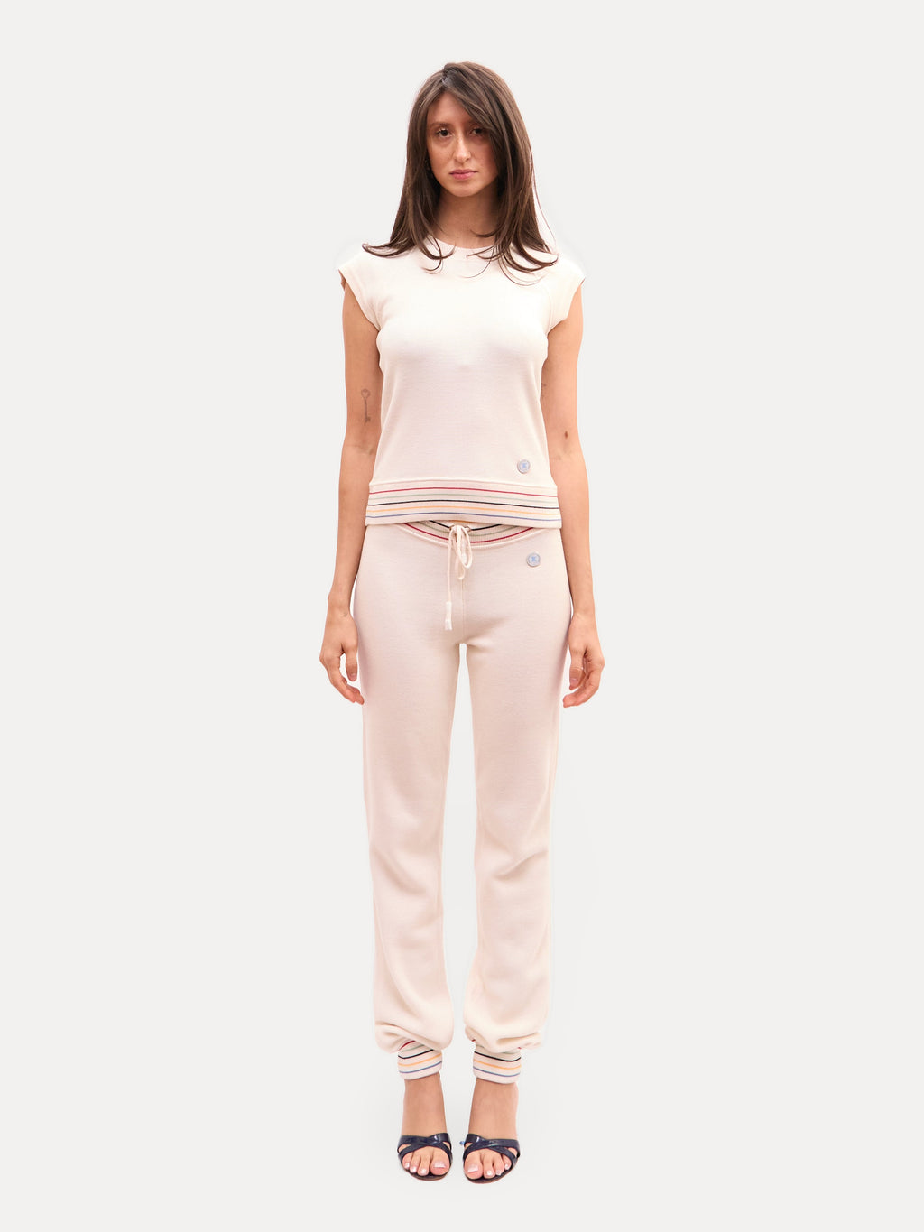 Celine Cream Striped Knit Drawstring Top Bottoms Set