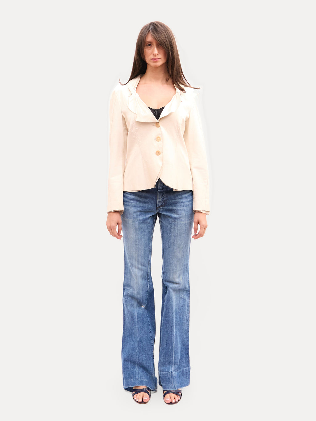 2000s Giorgio Armani White Leather Bow Detail Blazer