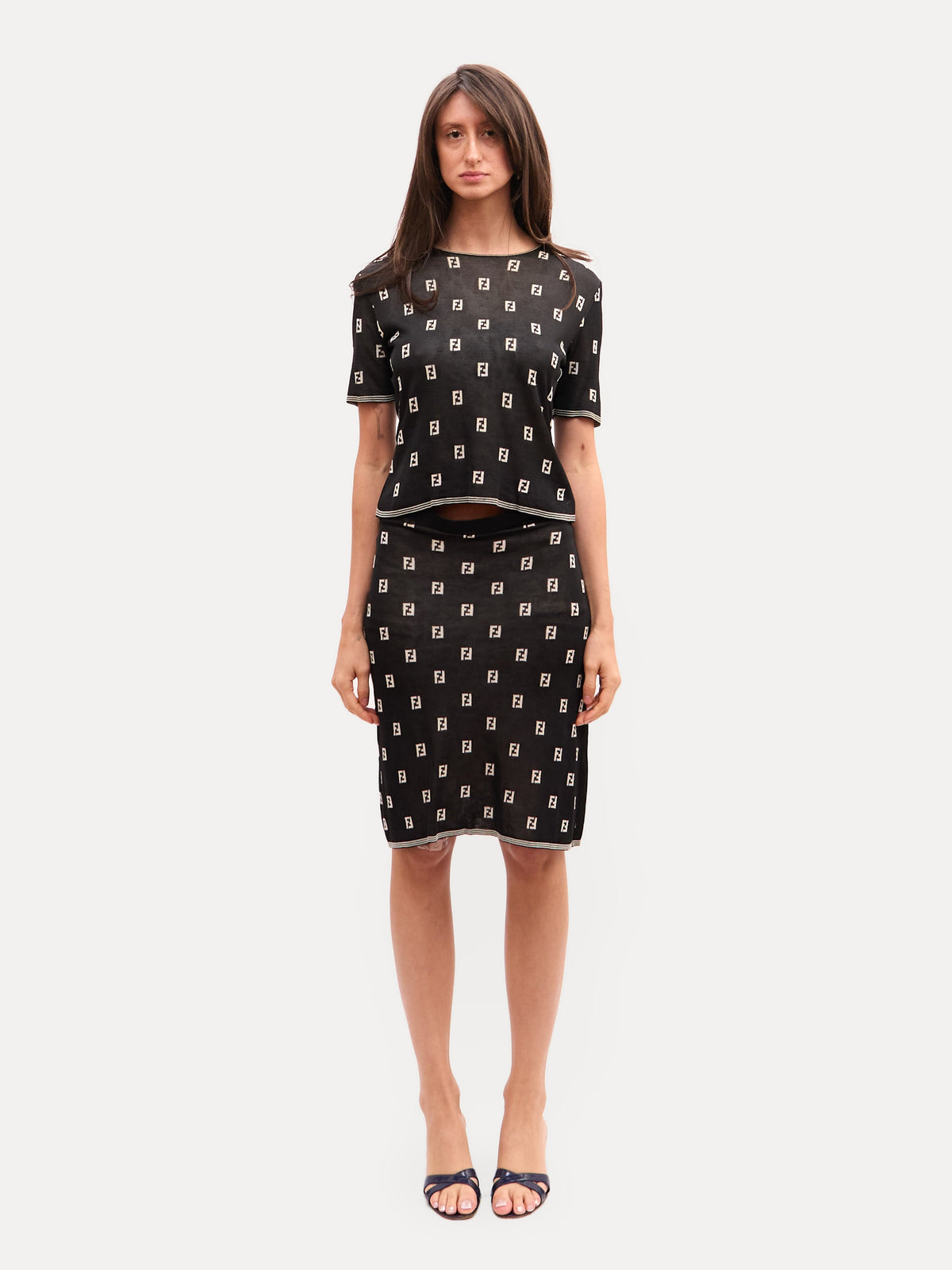 2000s Fendi Black FF Logo Contrast Trim Skirt Set