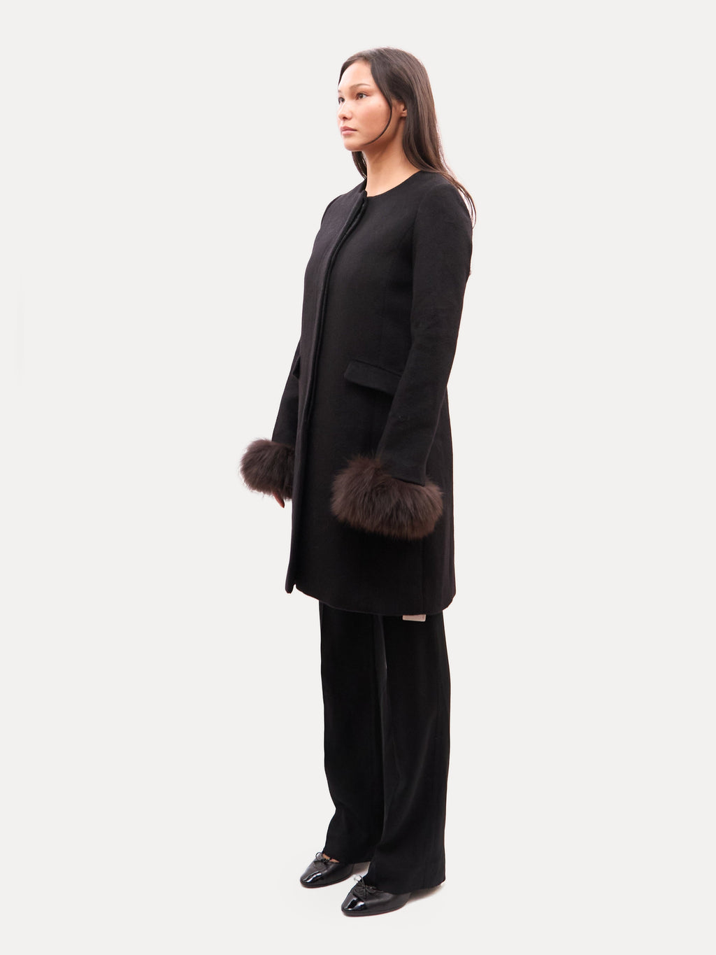 Vintage Black Cashmere Collarless Fox Fur Trim Coat