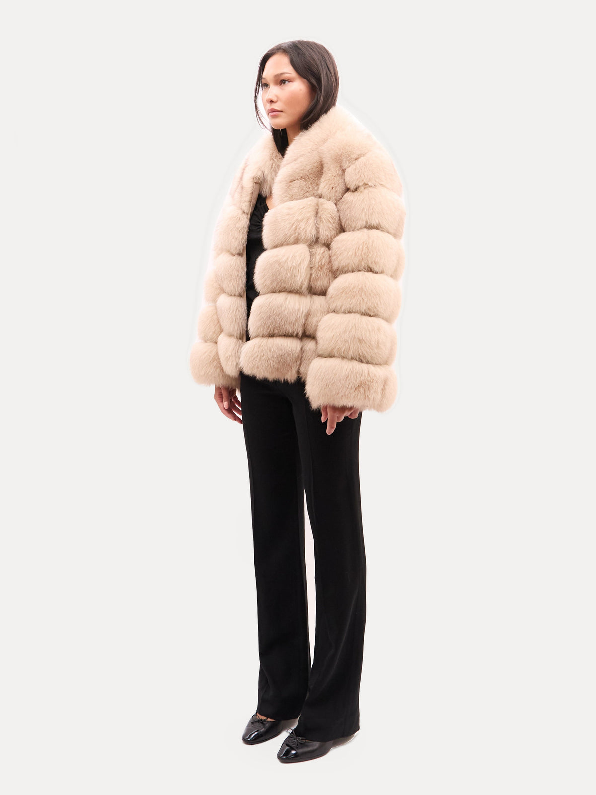 Vintage Beige Horizontal Tiered Fox Fur Coat