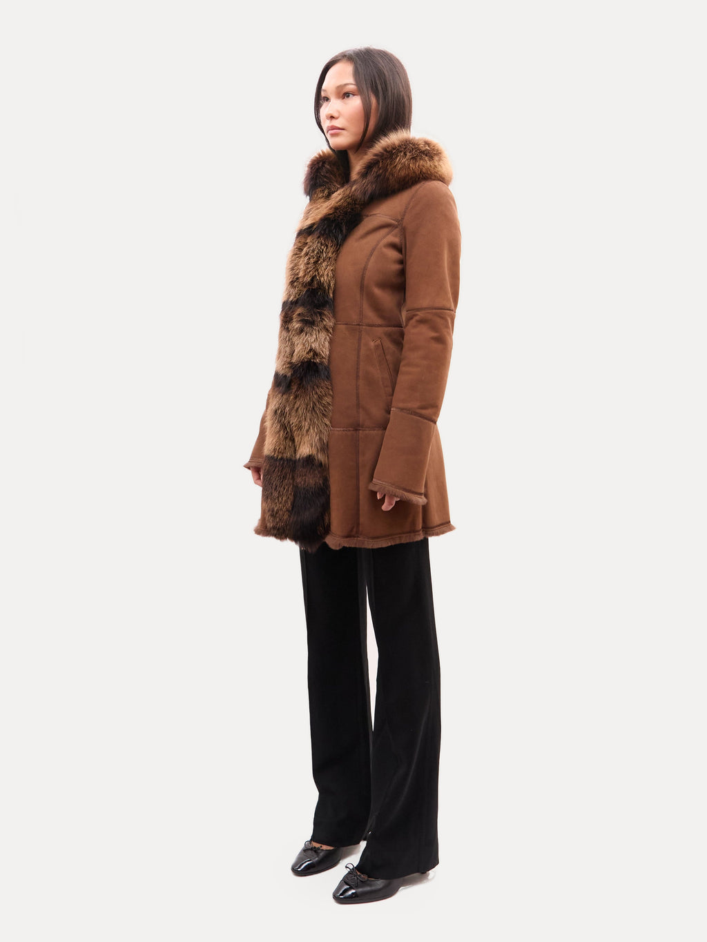Vintage Brown Shearling Coat with Fox Fur Trim