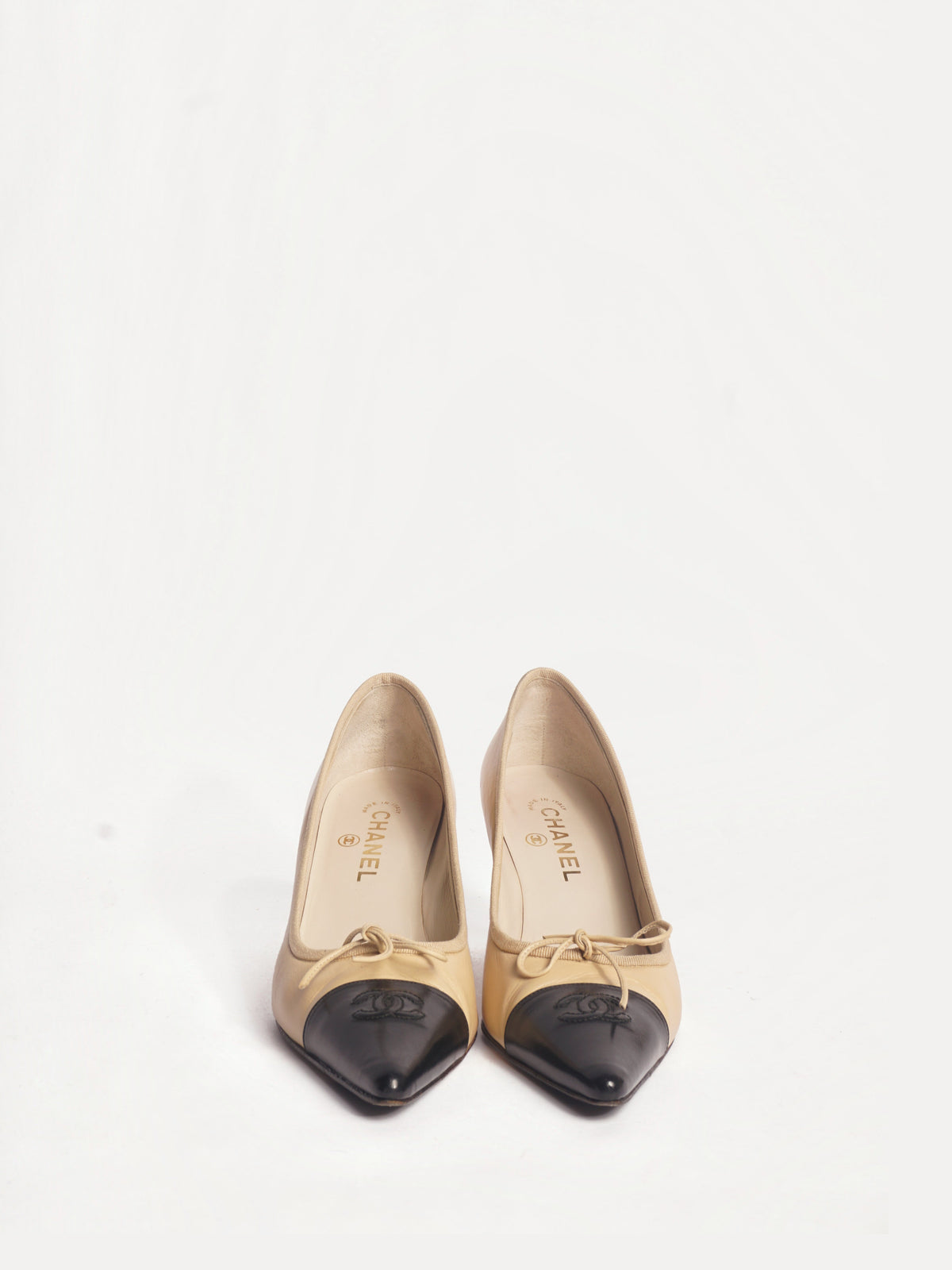 Chanel Tan Pointy Cap Toe Pumps, FR 38.5