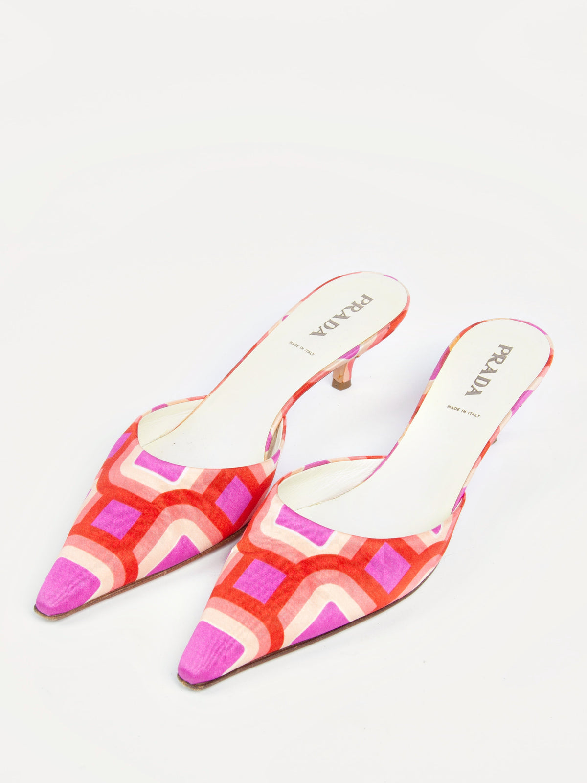 Vintage Prada 2000s Size 39 Geometric Print Pink Mules | Y2K Designer Heels Shoes