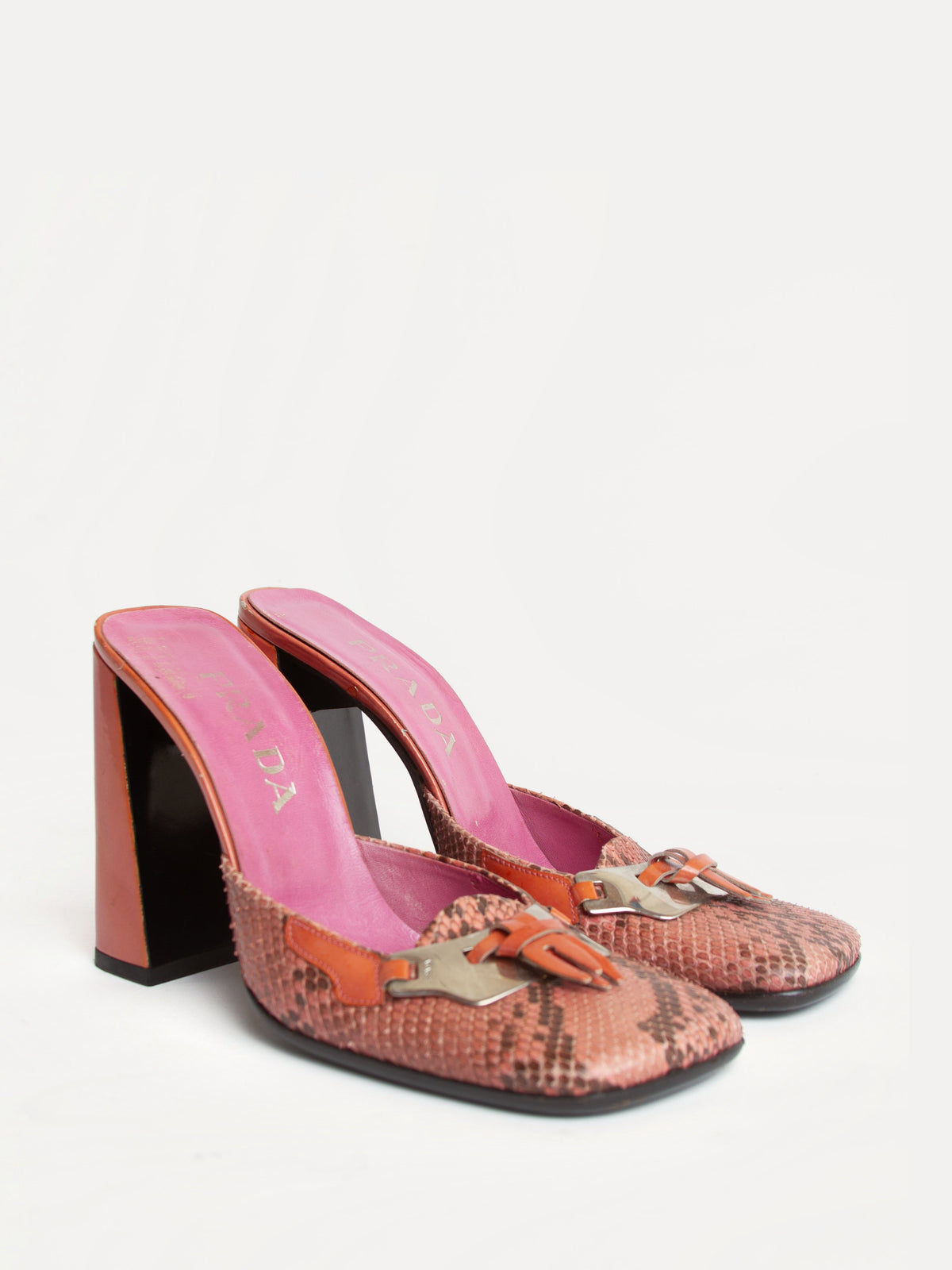 Vintage FW 1999 Prada Size 39 Square Toe Snakeskin Block Heels | Y2K Designer Shoes