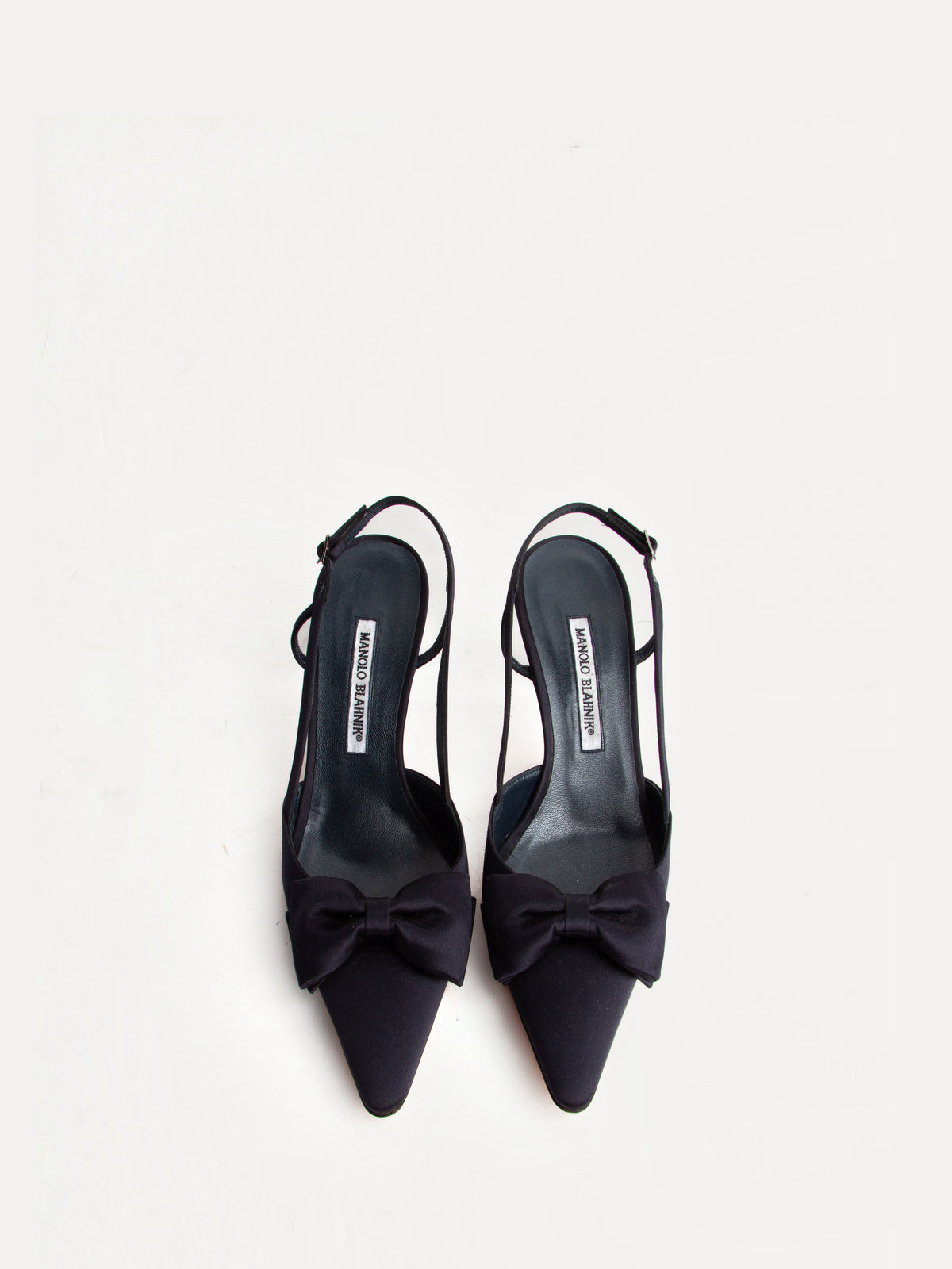 Manolo Blahnik Size 40 Navy Satin Bow Slingbacks | Y2K Designer Heels Shoes