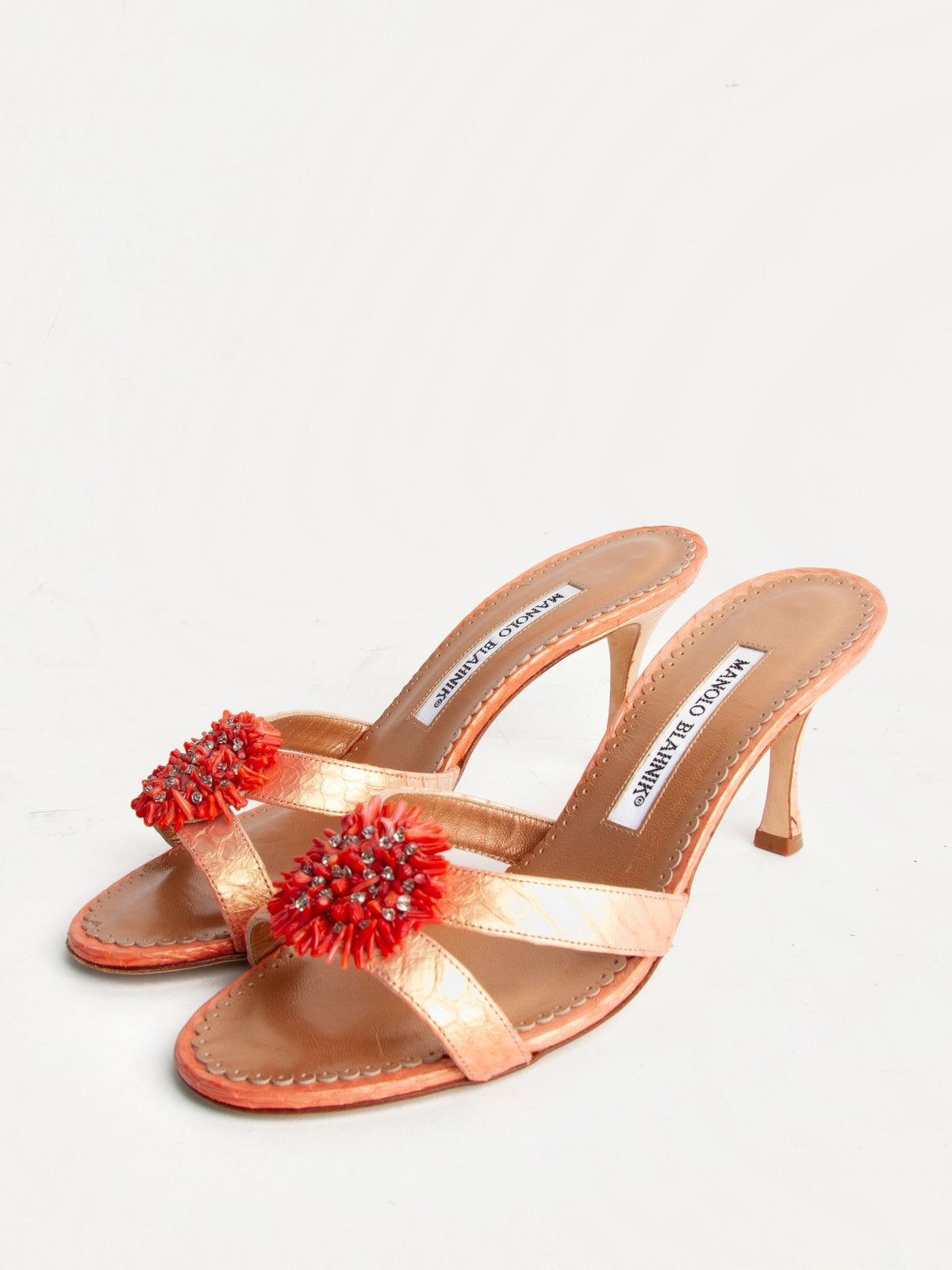 Manolo Blahnik Size 36 Orange Metallic Beading Detail Mules| Y2K Designer Heels Shoes