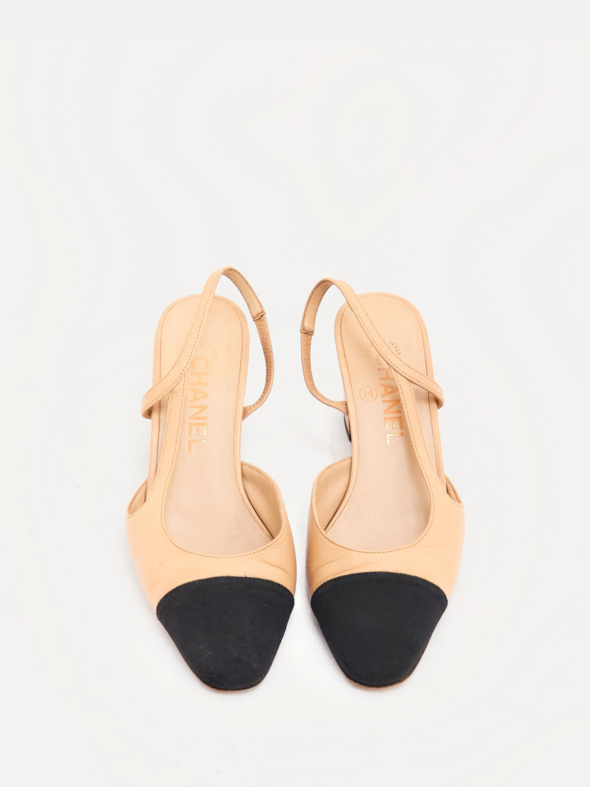 Chanel Tan Black Captoe Slingbacks 36