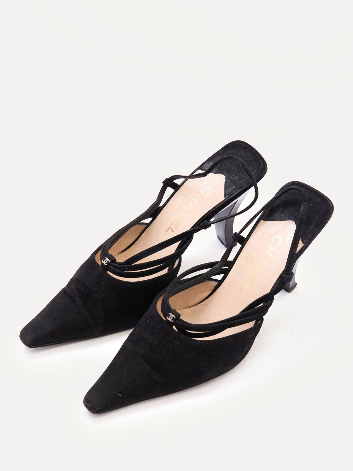 Chanel Black Suede CC Mule Heel Size 37