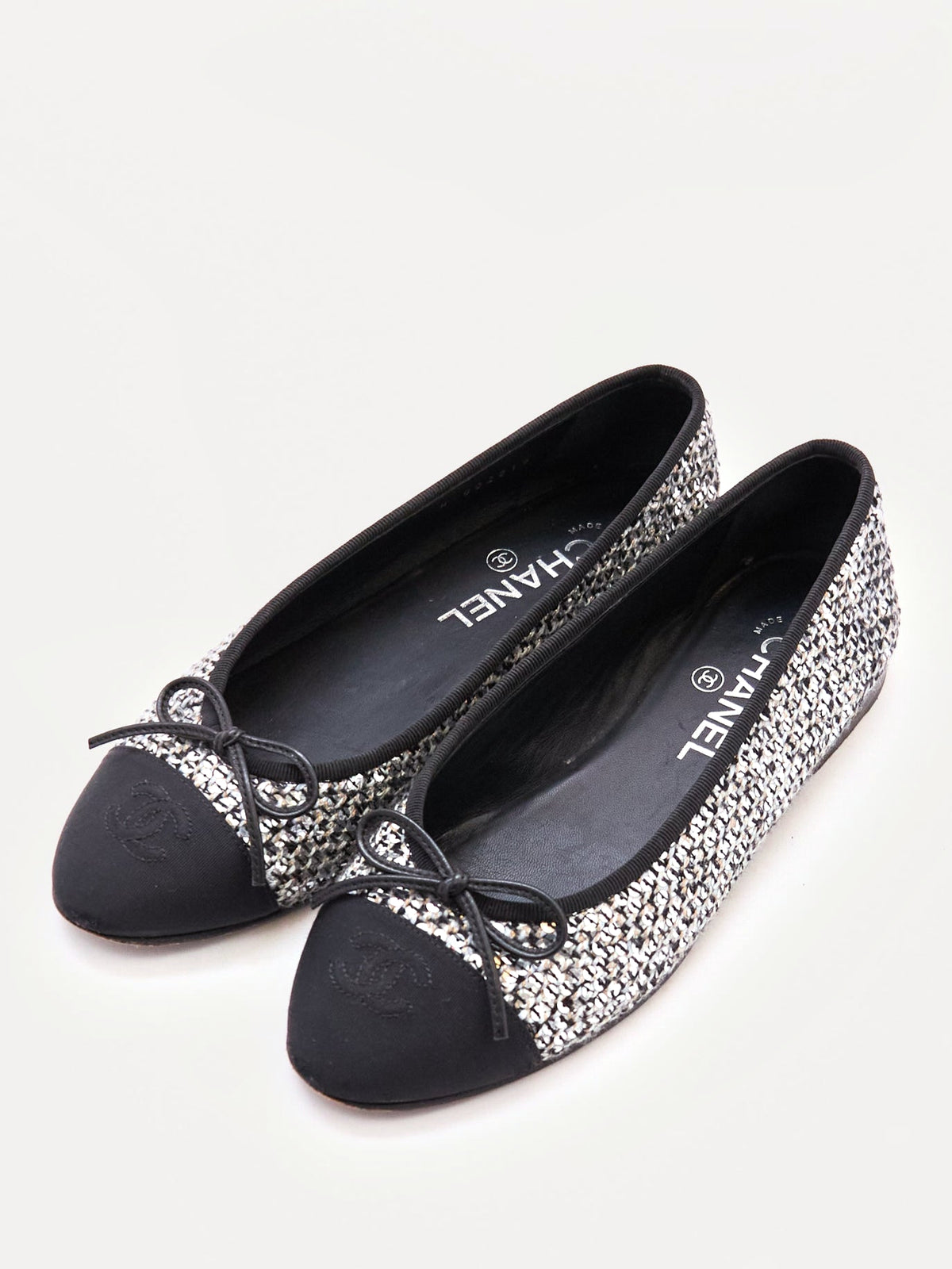 Chanel Black and Silver Sequin Cap Toe Flats Size 37.5