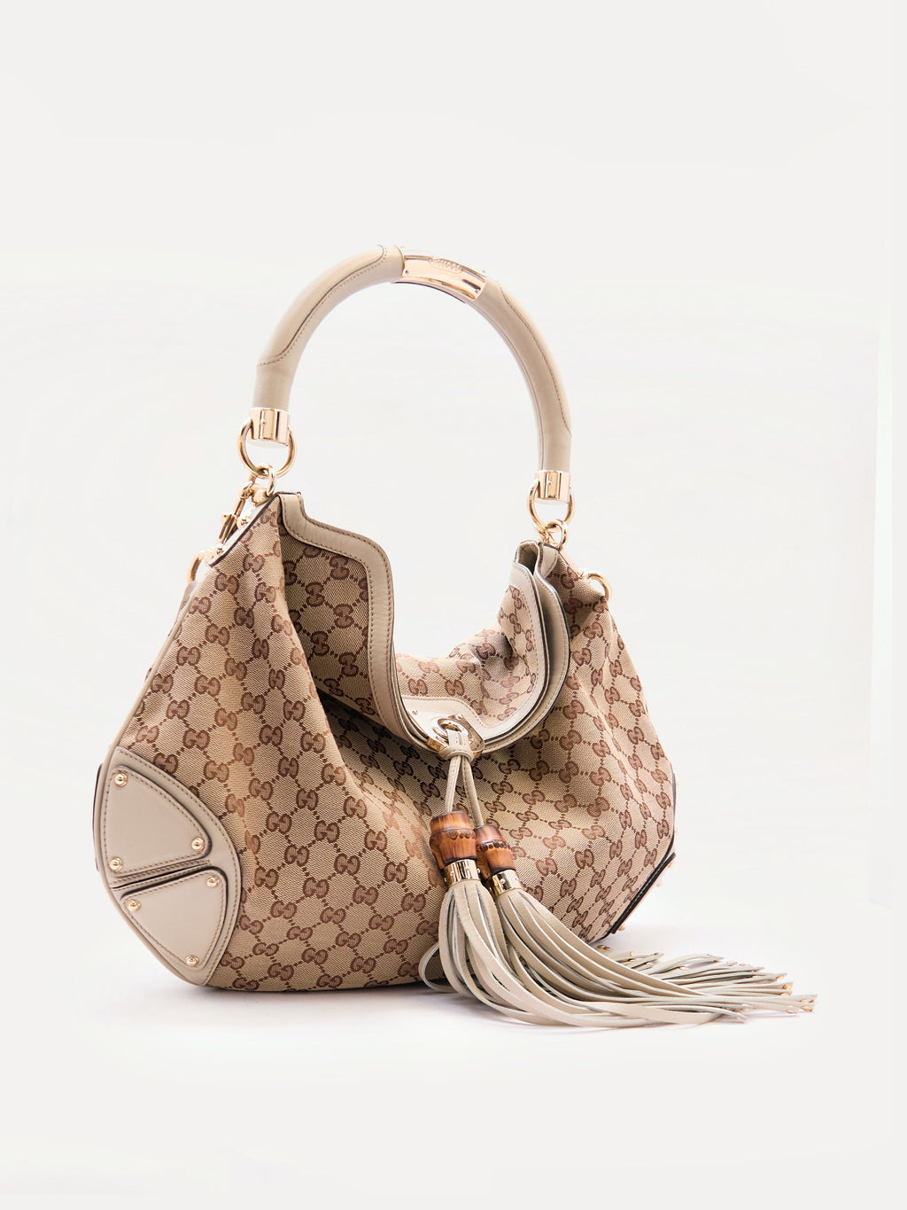 00's Gucci Indy Bamboo Beige GG Canvas Sholder Bag