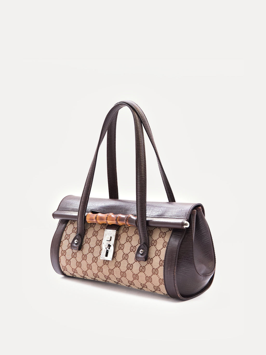 00's Gucci Bullet Bamboo Brown GG Canvas Handbag