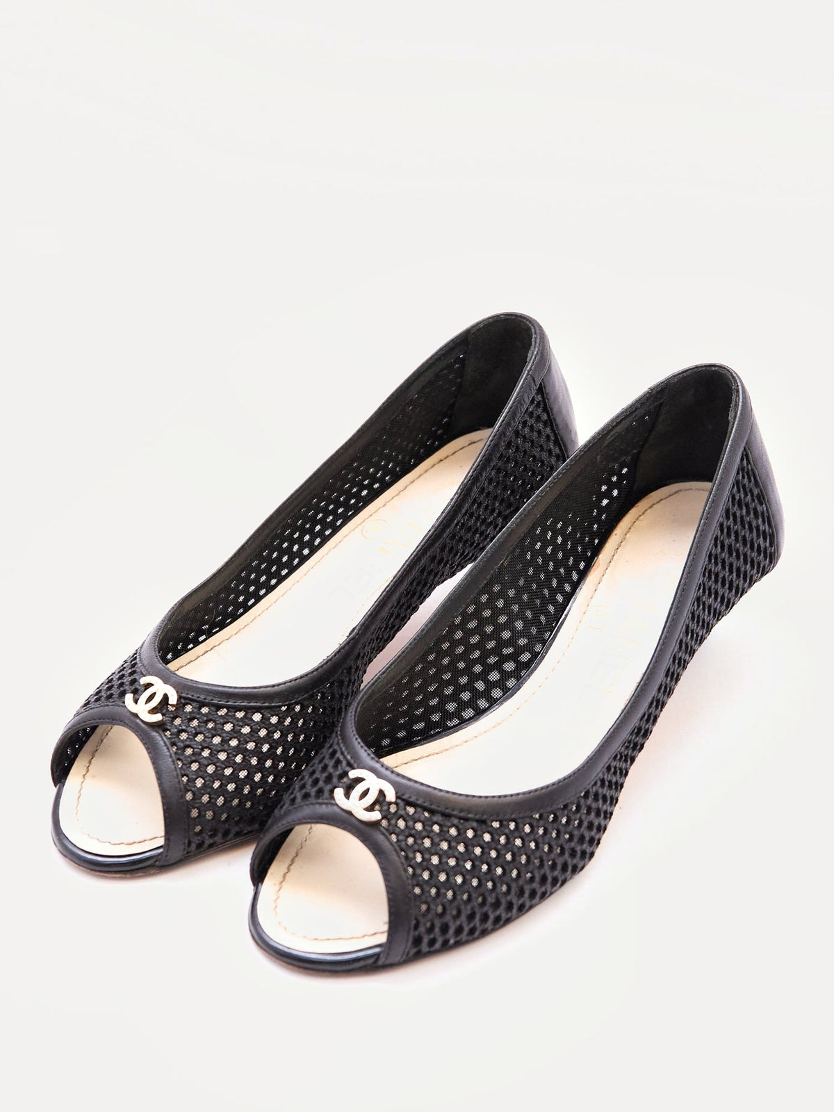 Chanel Black Mesh Peep Toe Kitten Heels Size 35.5