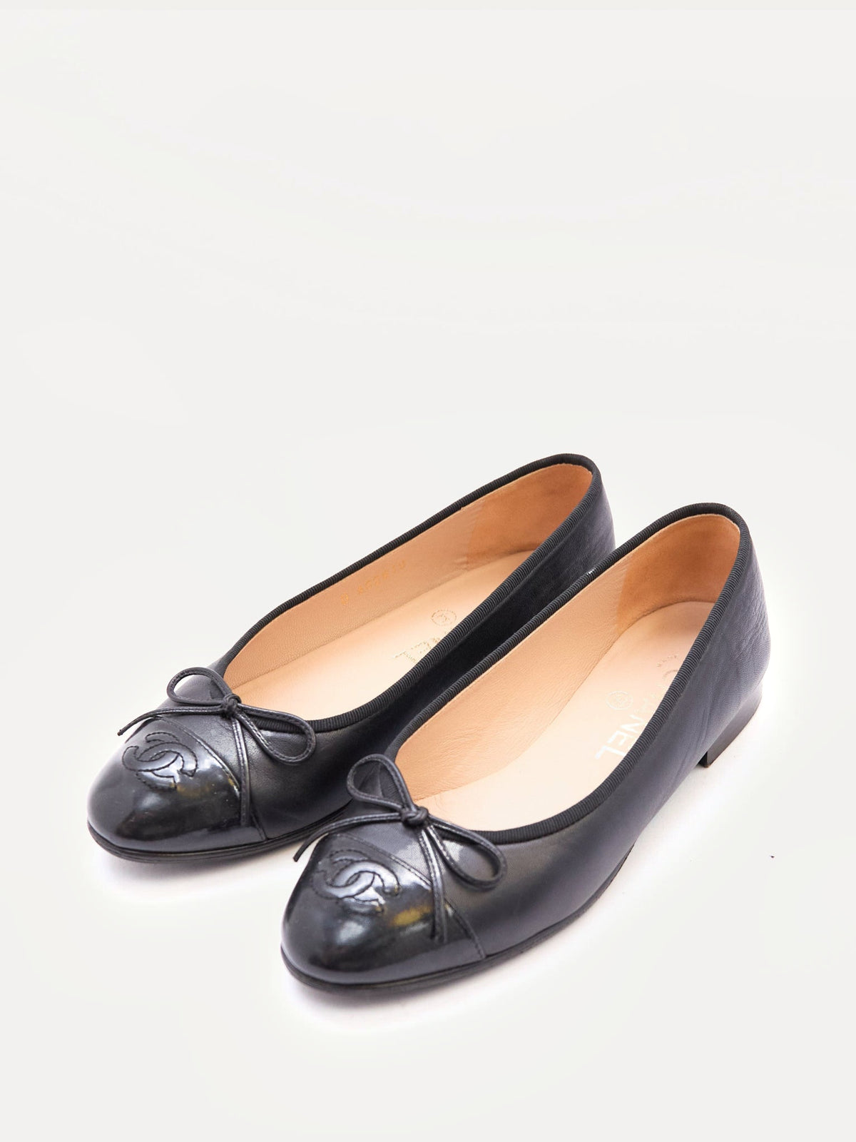 Chanel Black Leather Patent Toe Flats Size 36