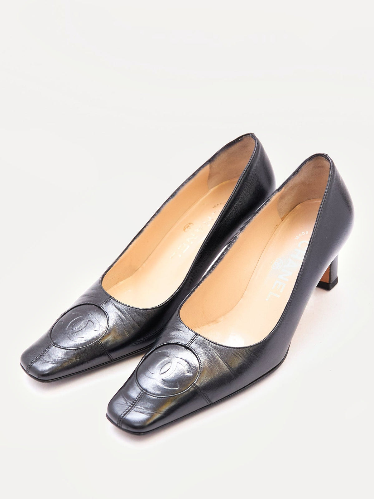 Chanel Black Lambskin CC Square Pumps Size 35