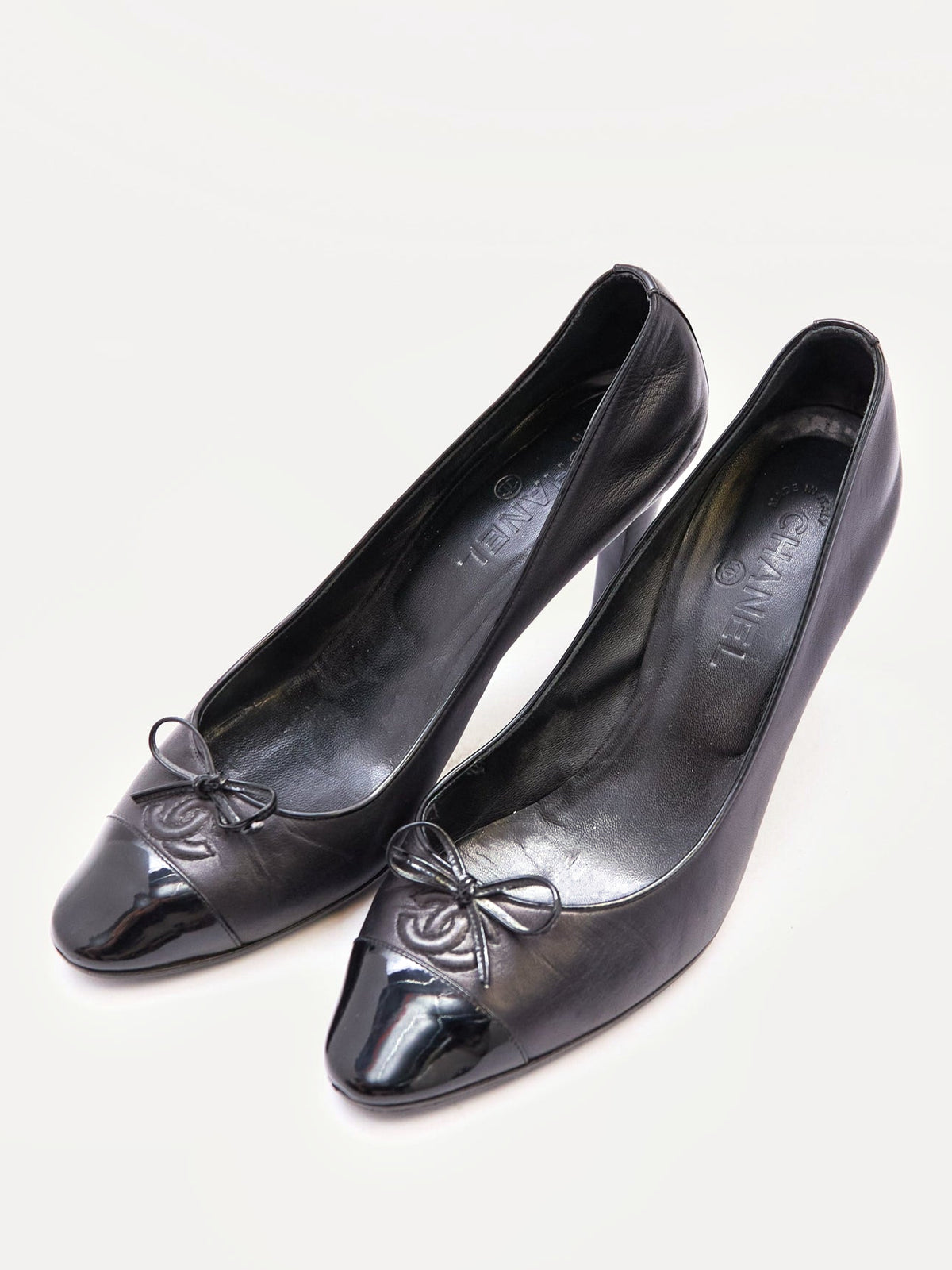 Chanel Black Leather Patent Toe Ballet Pumps Size 39.5